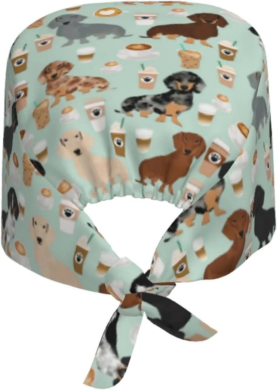 Cute Pug Dog Print Working Cap Scrub Cap with Sweatband,Adjustable Fashion Bandage Tie Back Hat Headwear for Women Men