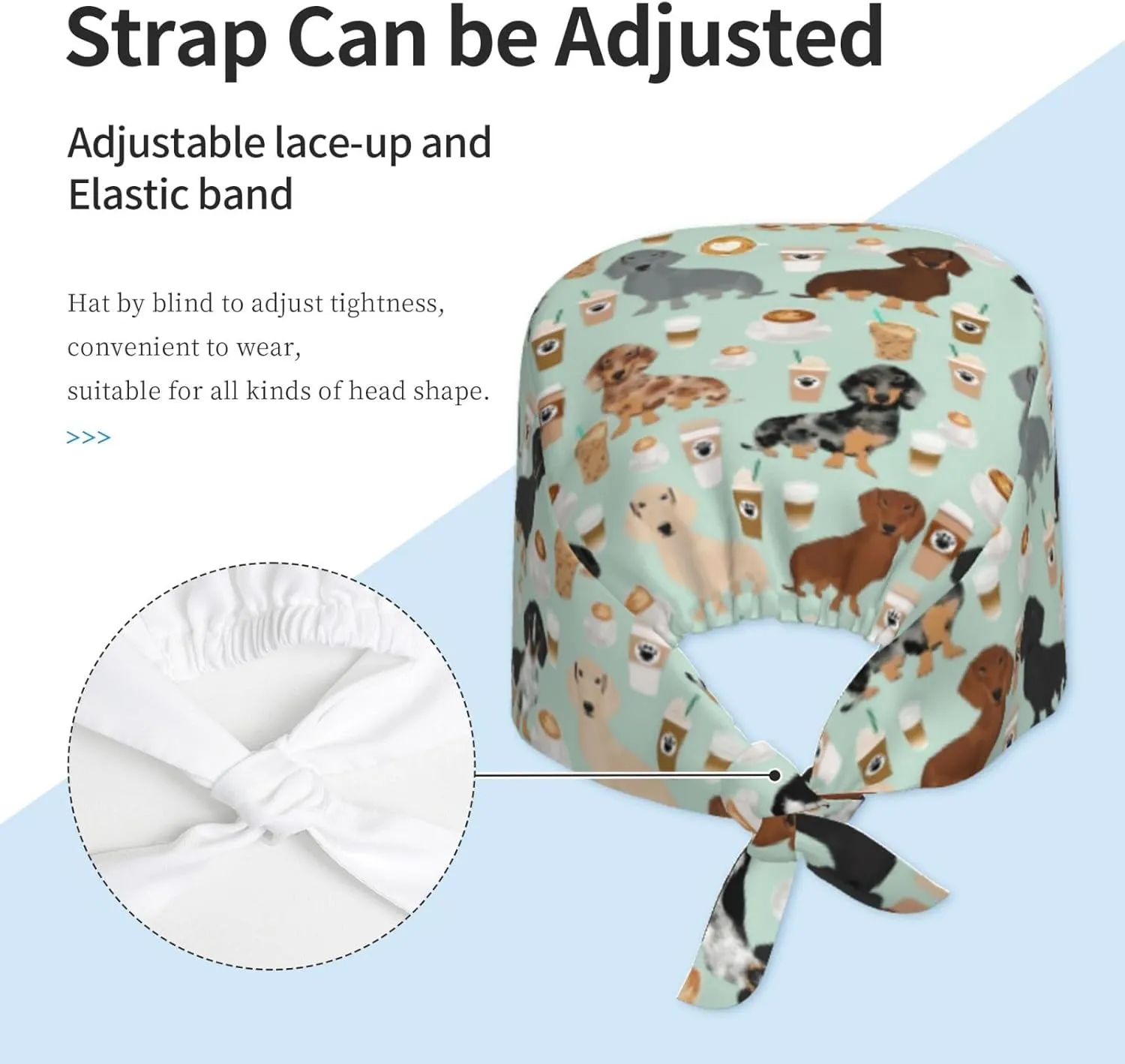 Cute Pug Dog Print Working Cap Scrub Cap with Sweatband,Adjustable Fashion Bandage Tie Back Hat Headwear for Women Men