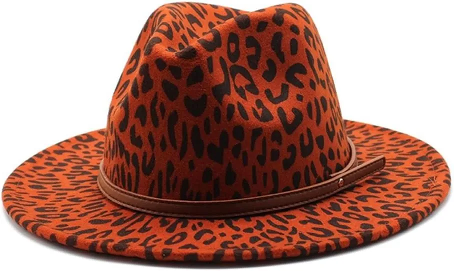 DHAEY European and American Fur Leopard Print Hat Men and Women Flat Brim Jazz Hat Big Brimmed Hat Felt Hat Straight Brimmed Hat Luopan Caps & Hats(Rust red)