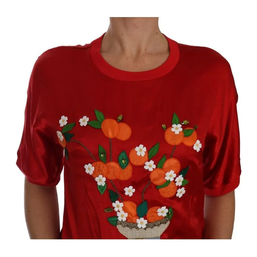 Dolce & Gabbana Red Silk Floral Embroidered Elegance Top