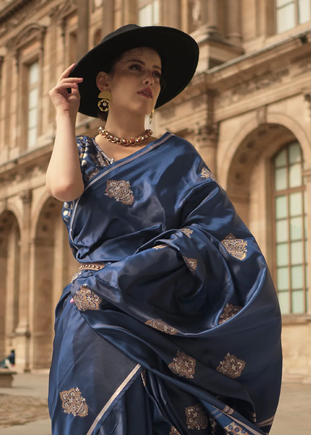 Elegant Navy Blue Pure Satin Silk Designer Saree