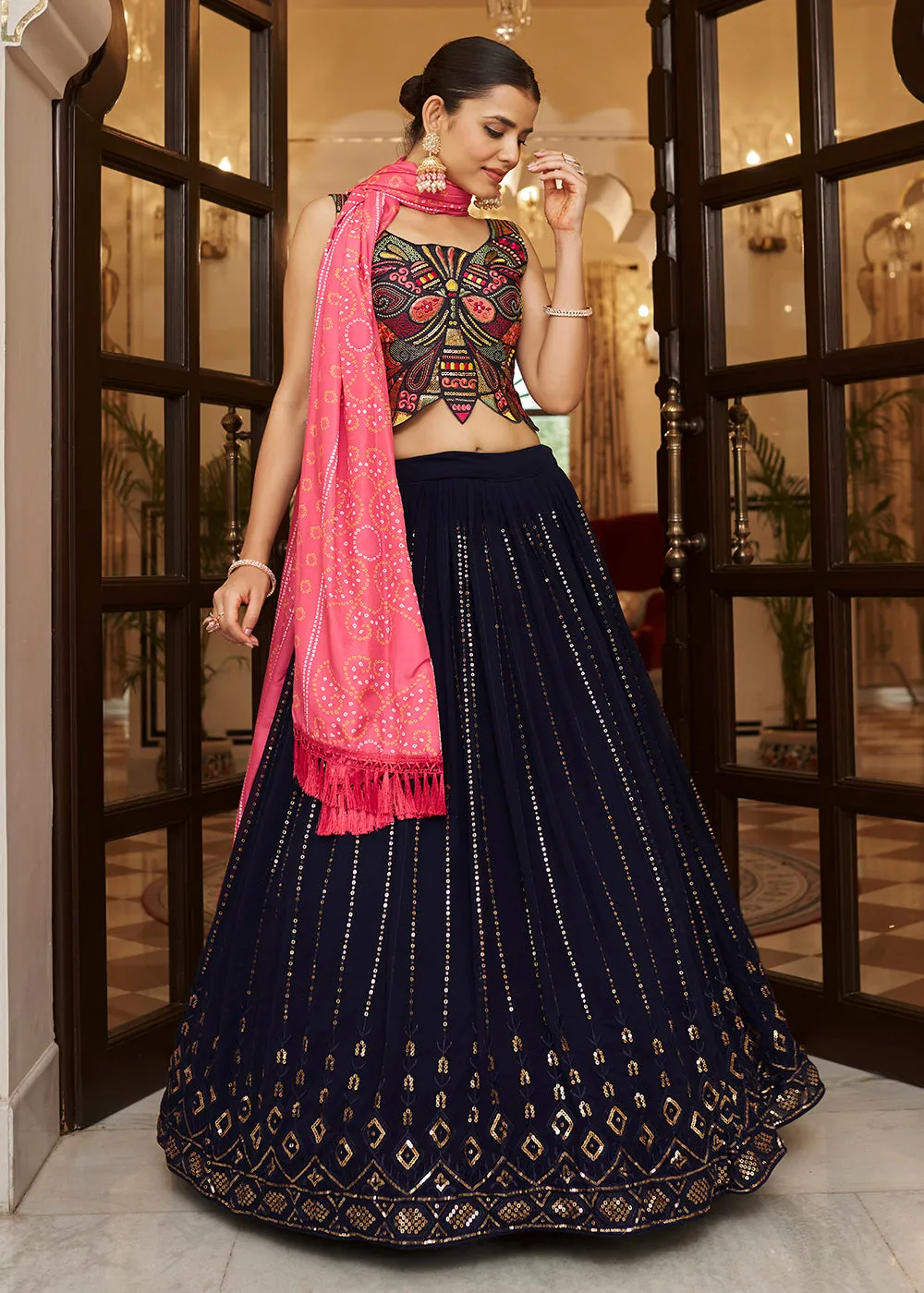 Enchanting Sequins Charming Navy Blue Wedding Lehenga Choli