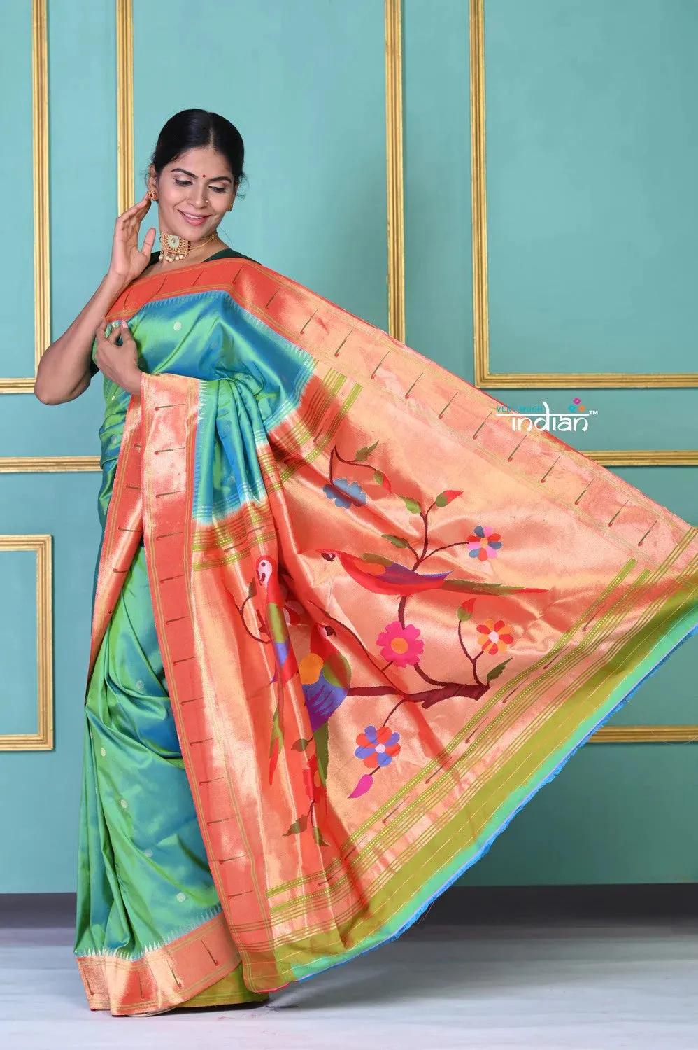 EXCLUSIVE!Authentic Handloom Pure Silk Sea Green Muniya Border Paithani with Authentic Zari Peacock Pallu!