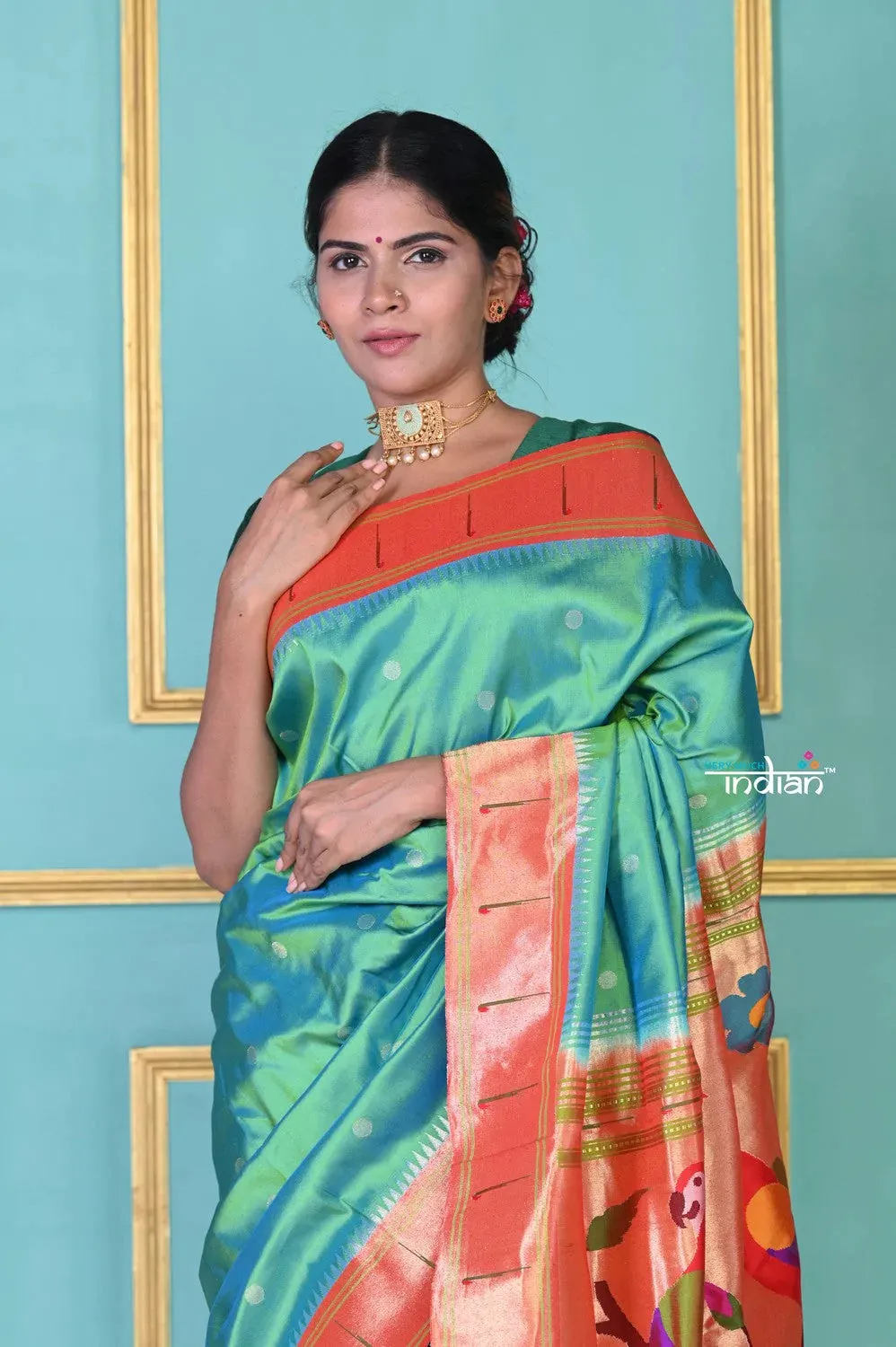 EXCLUSIVE!Authentic Handloom Pure Silk Sea Green Muniya Border Paithani with Authentic Zari Peacock Pallu!