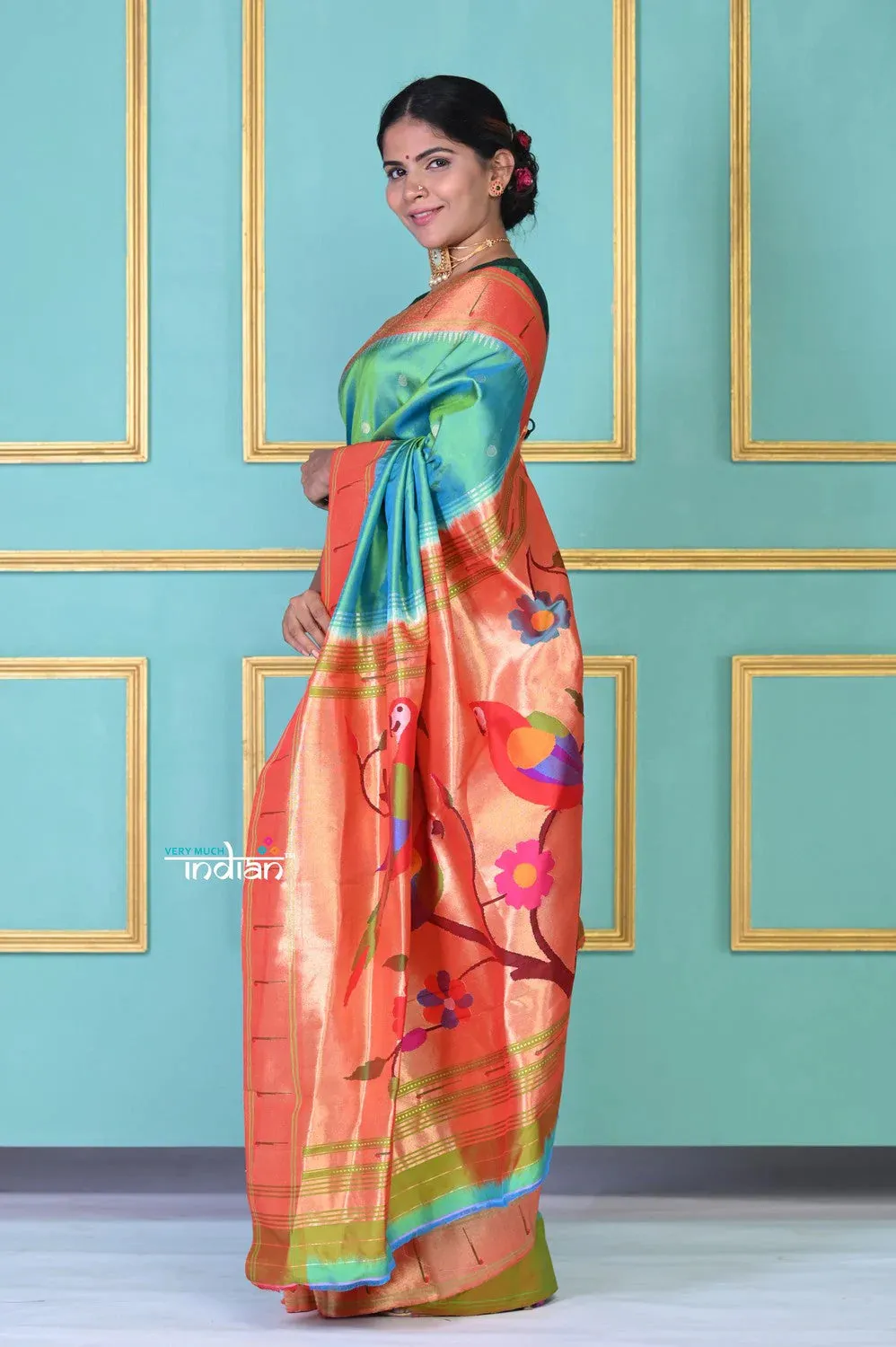 EXCLUSIVE!Authentic Handloom Pure Silk Sea Green Muniya Border Paithani with Authentic Zari Peacock Pallu!