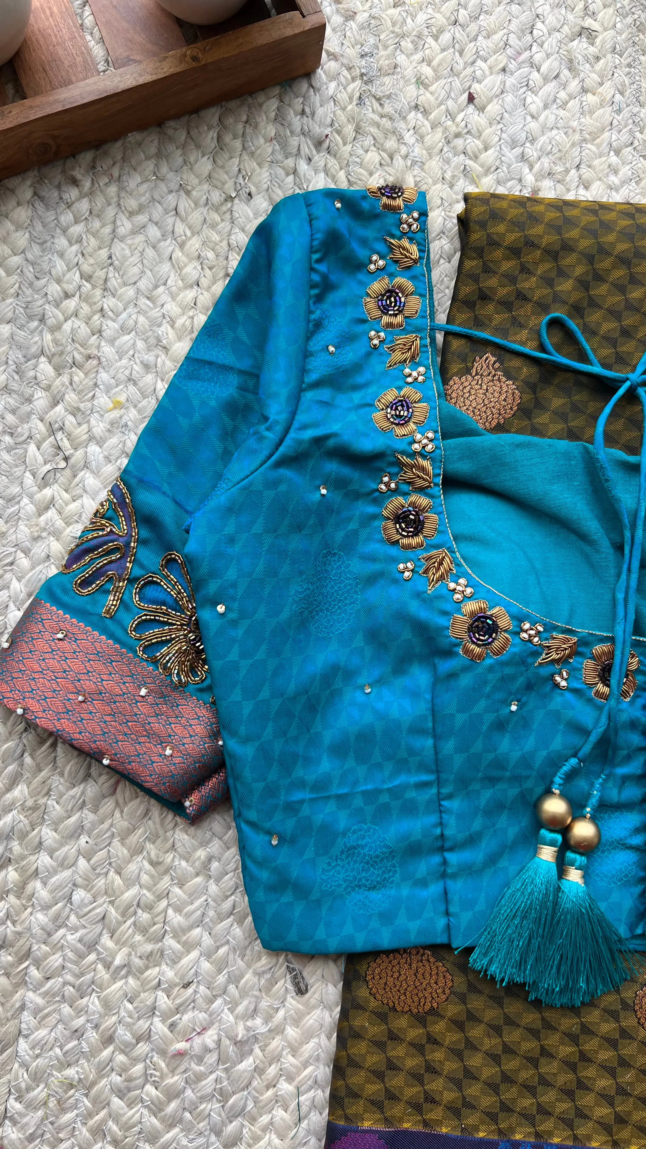 (Free full predraping ) Deep chocolate and copper silk saree with hand worked blouse