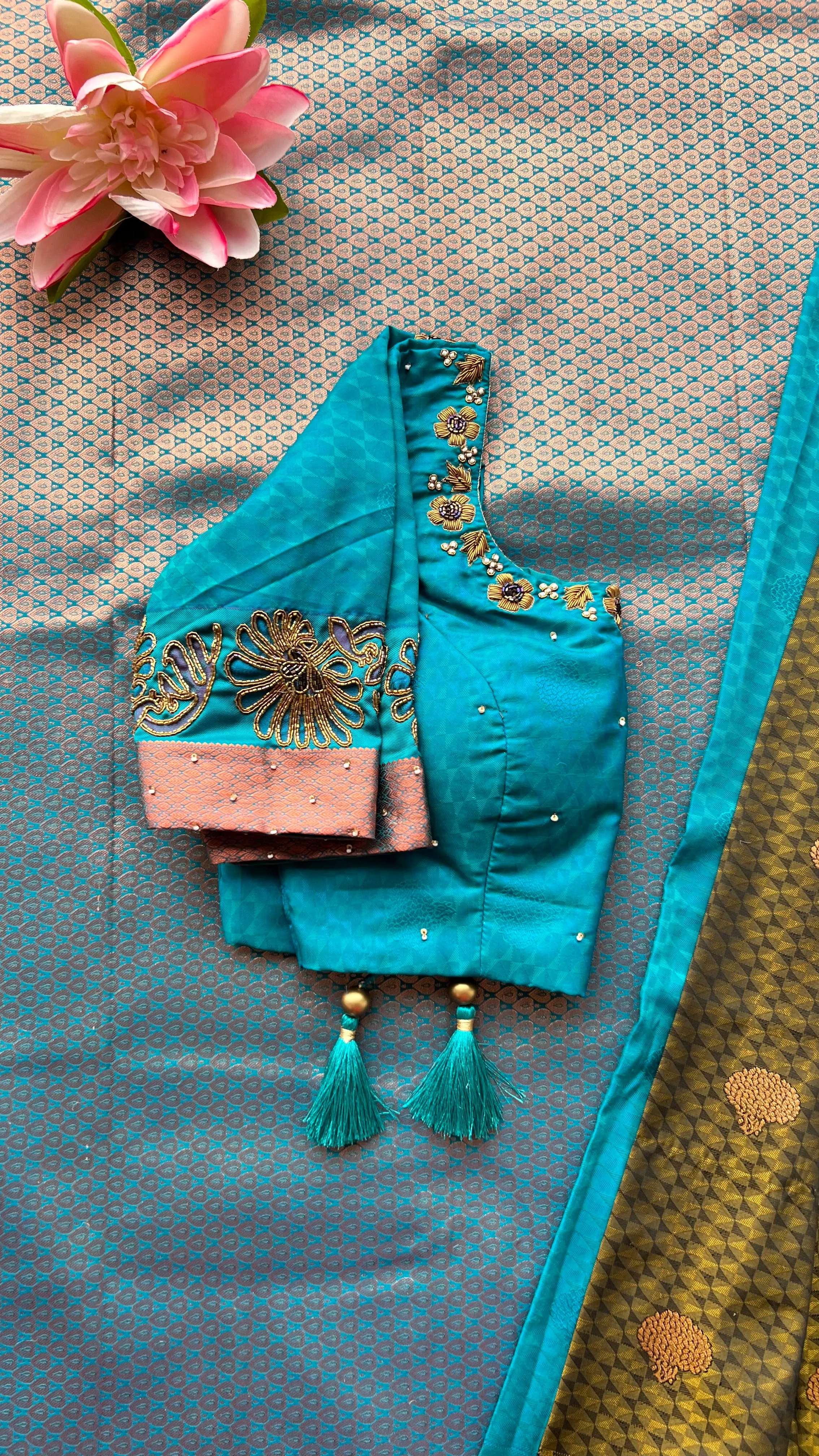 (Free full predraping ) Deep chocolate and copper silk saree with hand worked blouse