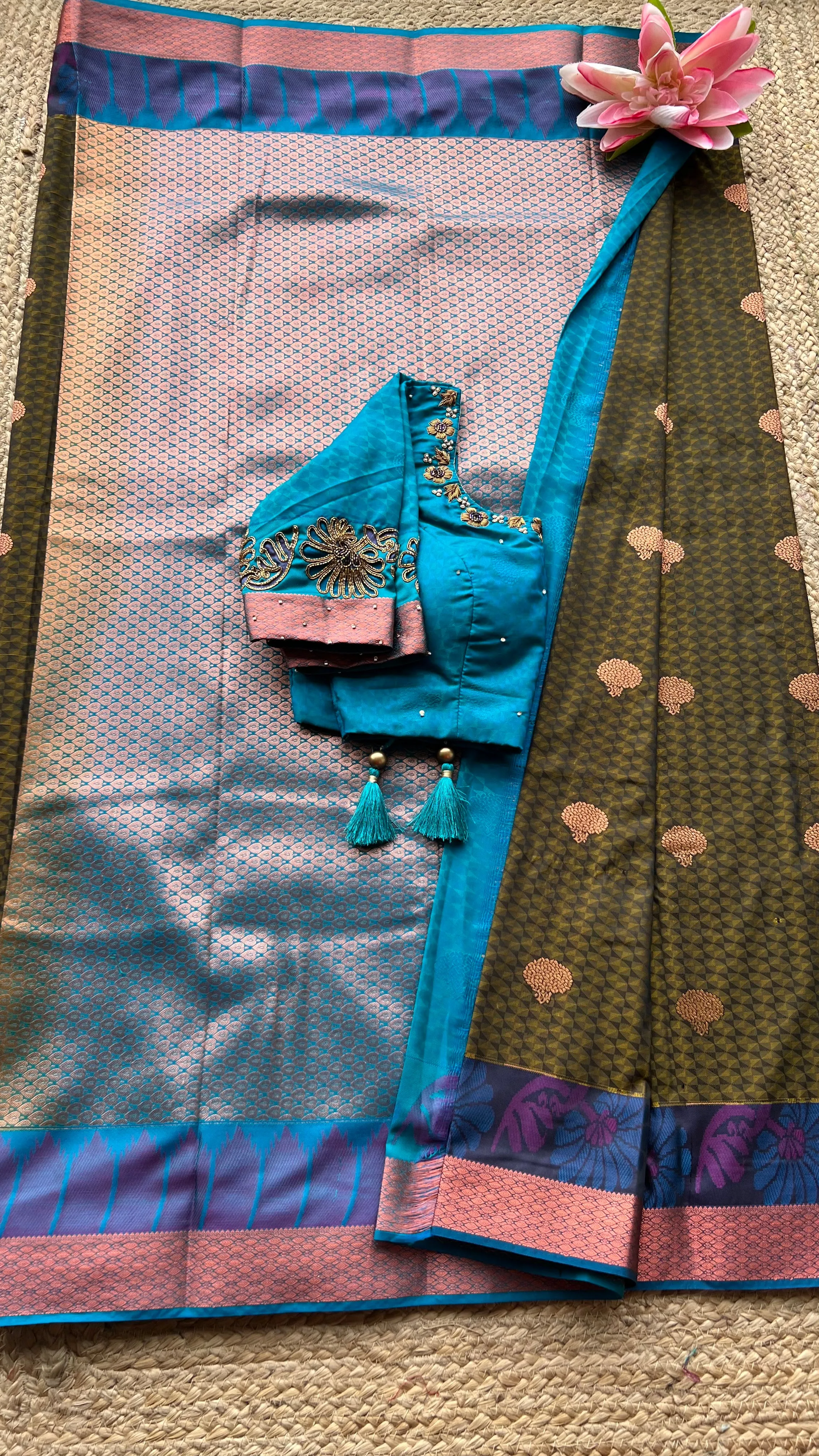 (Free full predraping ) Deep chocolate and copper silk saree with hand worked blouse