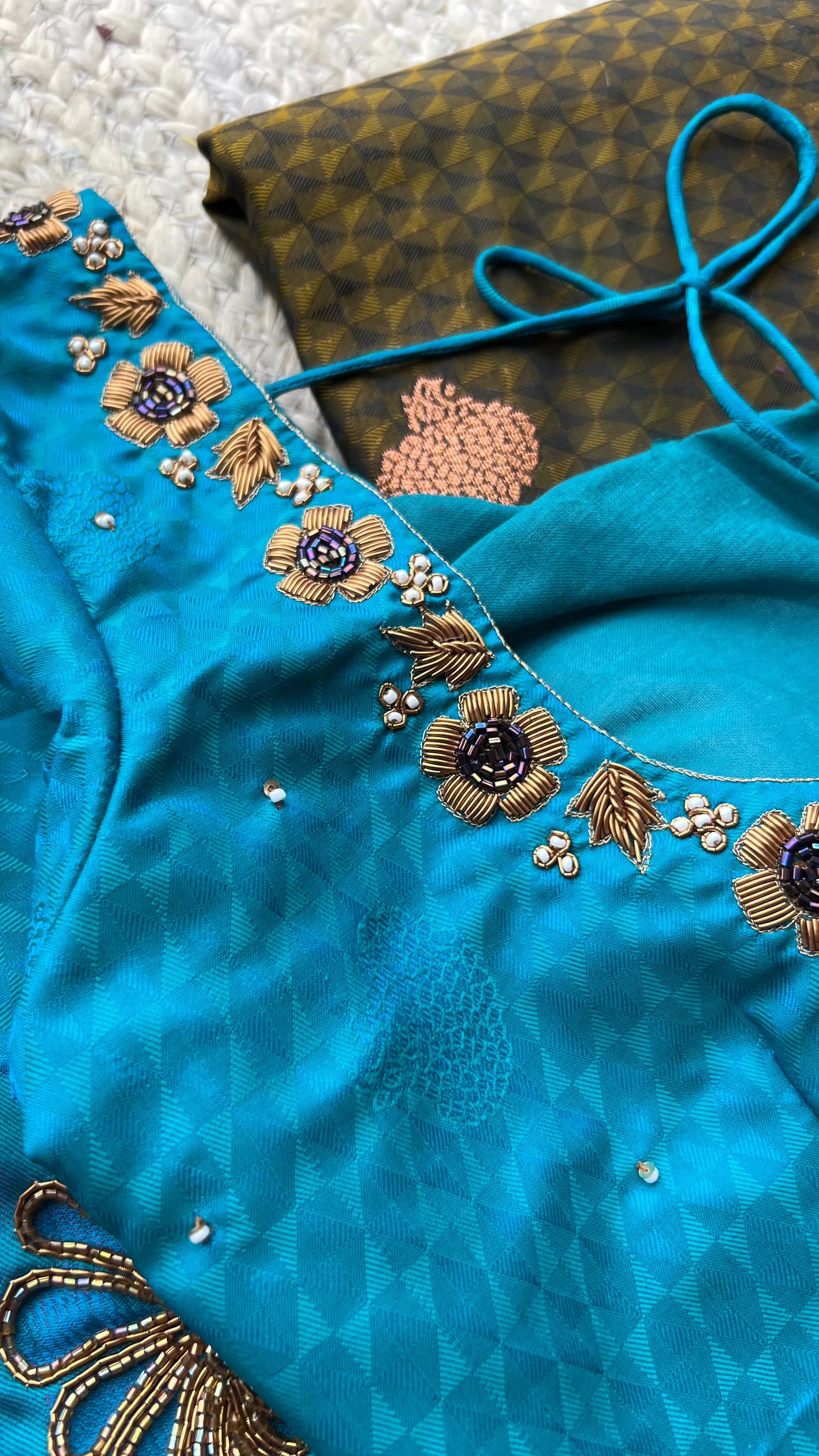 (Free full predraping ) Deep chocolate and copper silk saree with hand worked blouse