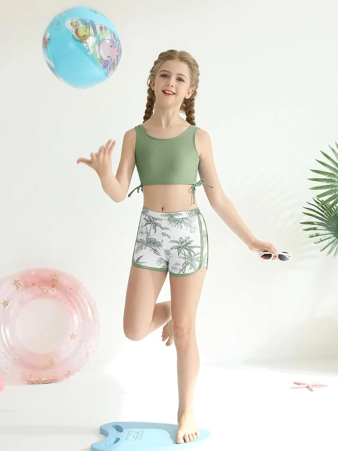 Girl's 3 Piece Bikini Bathing Suit Printed Sport Swimsuits with Shorts Cove Up Sets Teen Girl's Swimwear