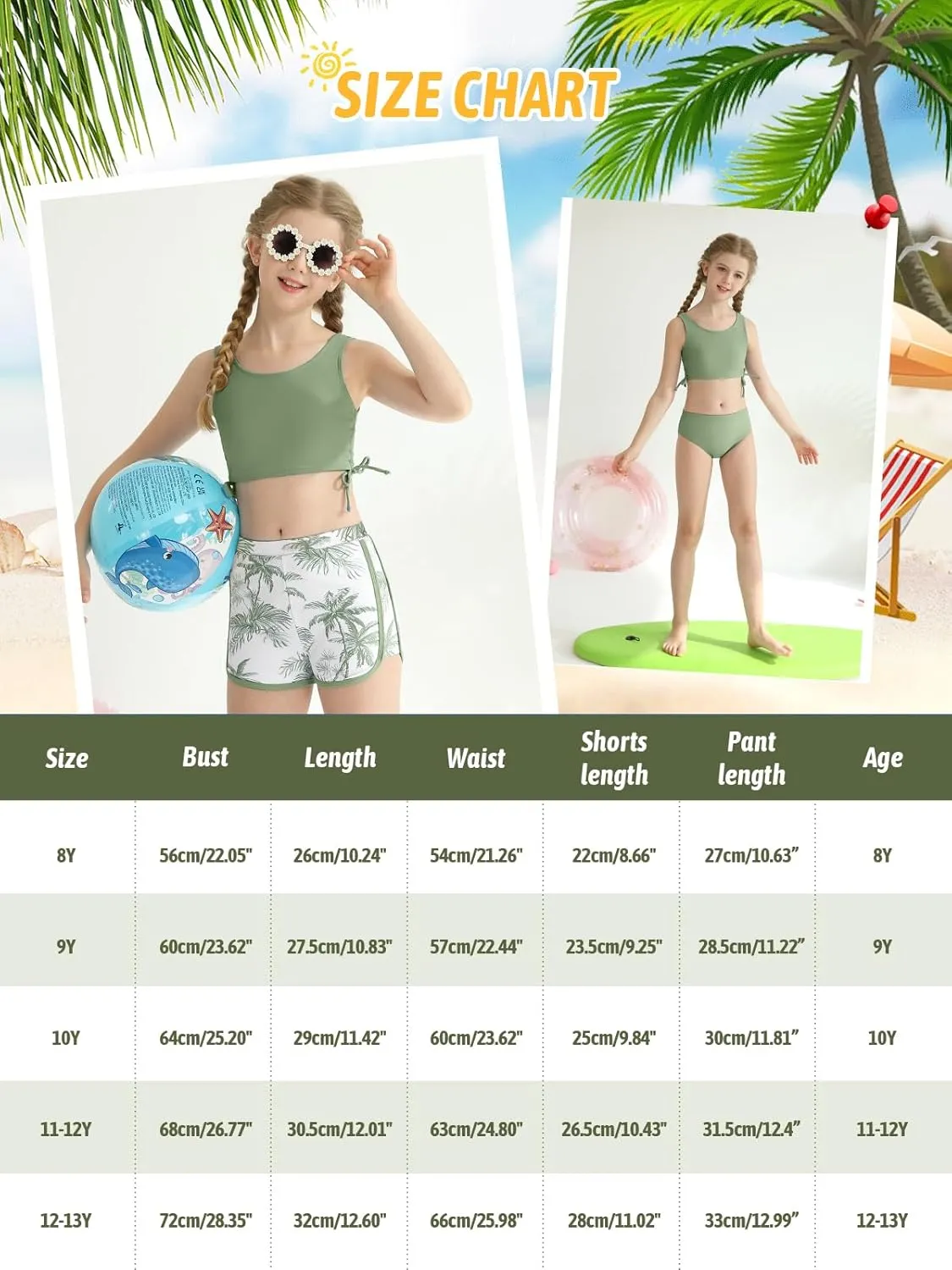 Girl's 3 Piece Bikini Bathing Suit Printed Sport Swimsuits with Shorts Cove Up Sets Teen Girl's Swimwear