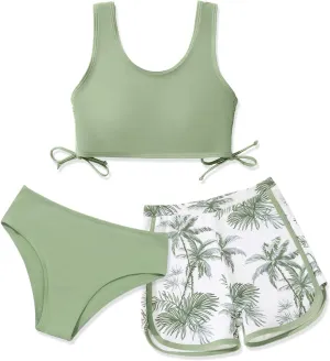 Girl's 3 Piece Bikini Bathing Suit Printed Sport Swimsuits with Shorts Cove Up Sets Teen Girl's Swimwear