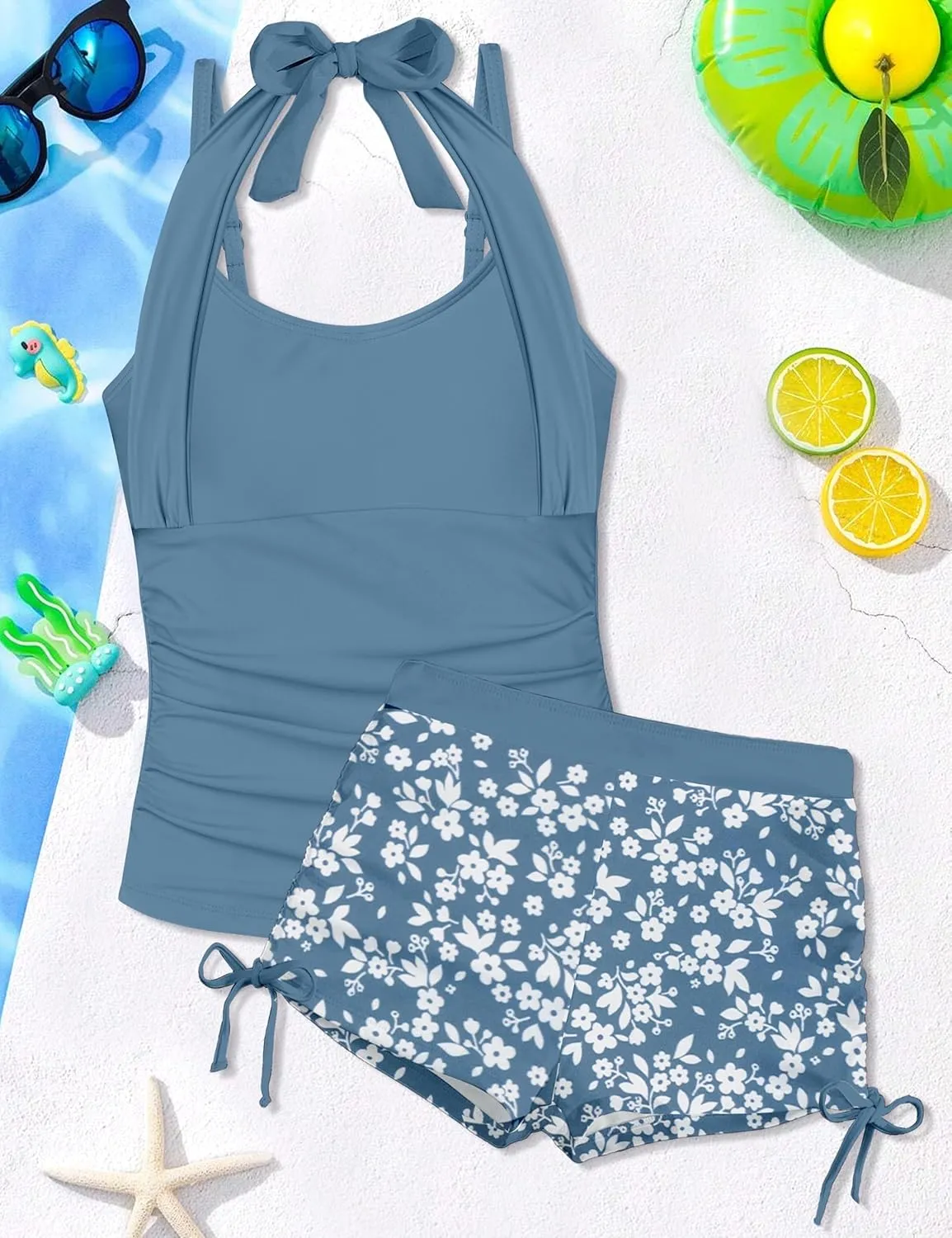 Girls Swimsuit 2 Piece Halterneck Girls Tankini Swimsuit Drawstring Printed Swim Shorts Girl Bathing Suit for 7-16T