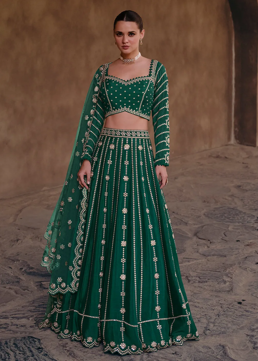 Green Party Wear Chinnon Silk Designer Lehenga Choli