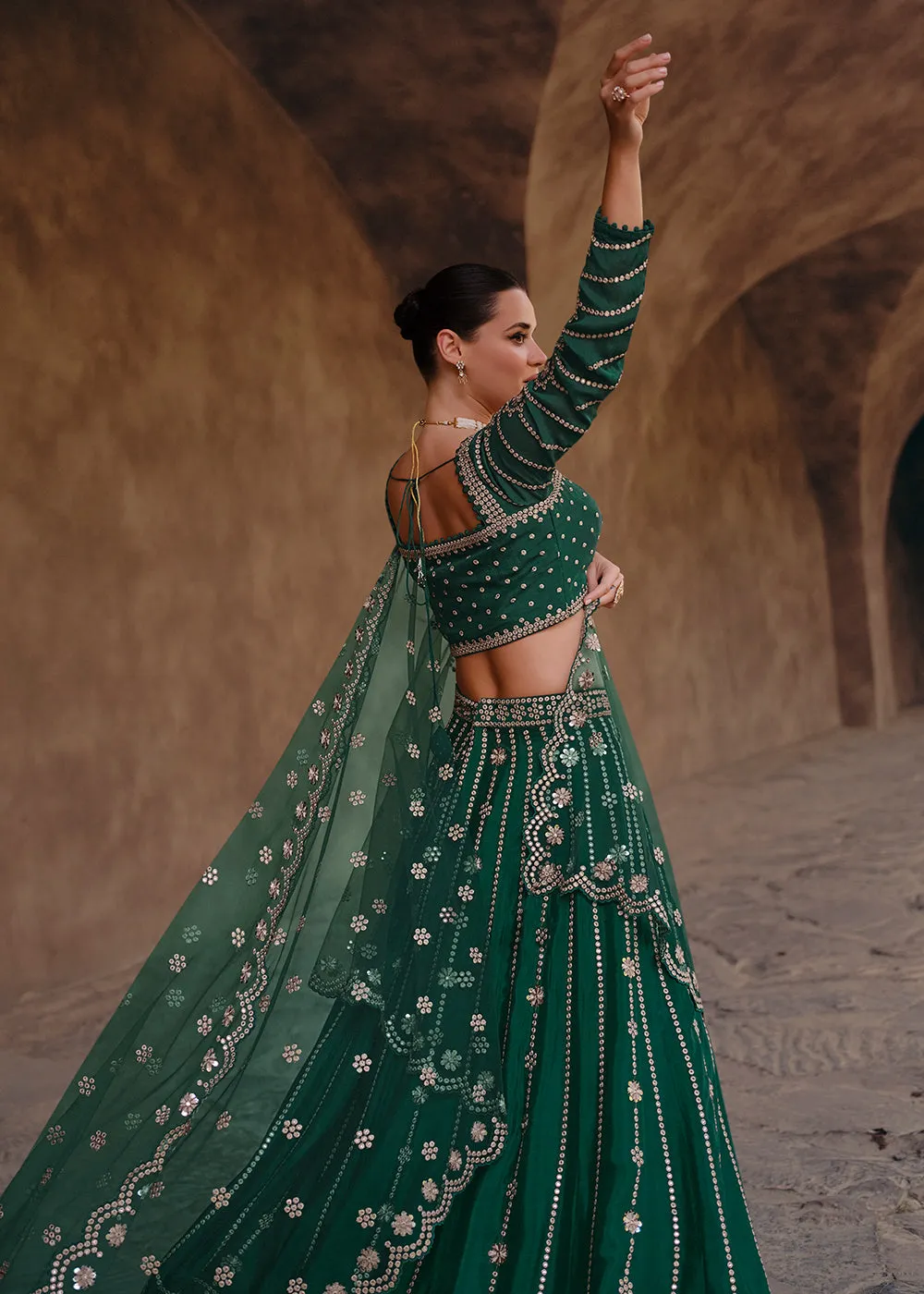 Green Party Wear Chinnon Silk Designer Lehenga Choli