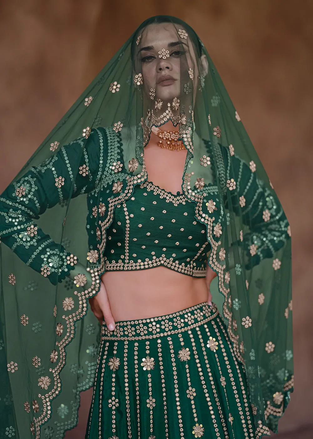 Green Party Wear Chinnon Silk Designer Lehenga Choli