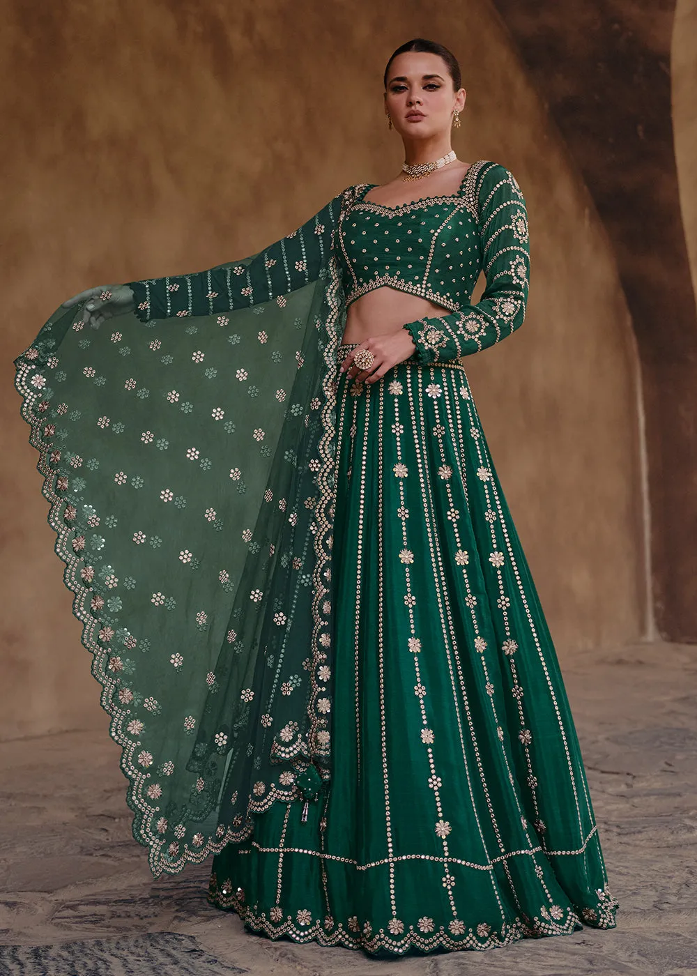 Green Party Wear Chinnon Silk Designer Lehenga Choli