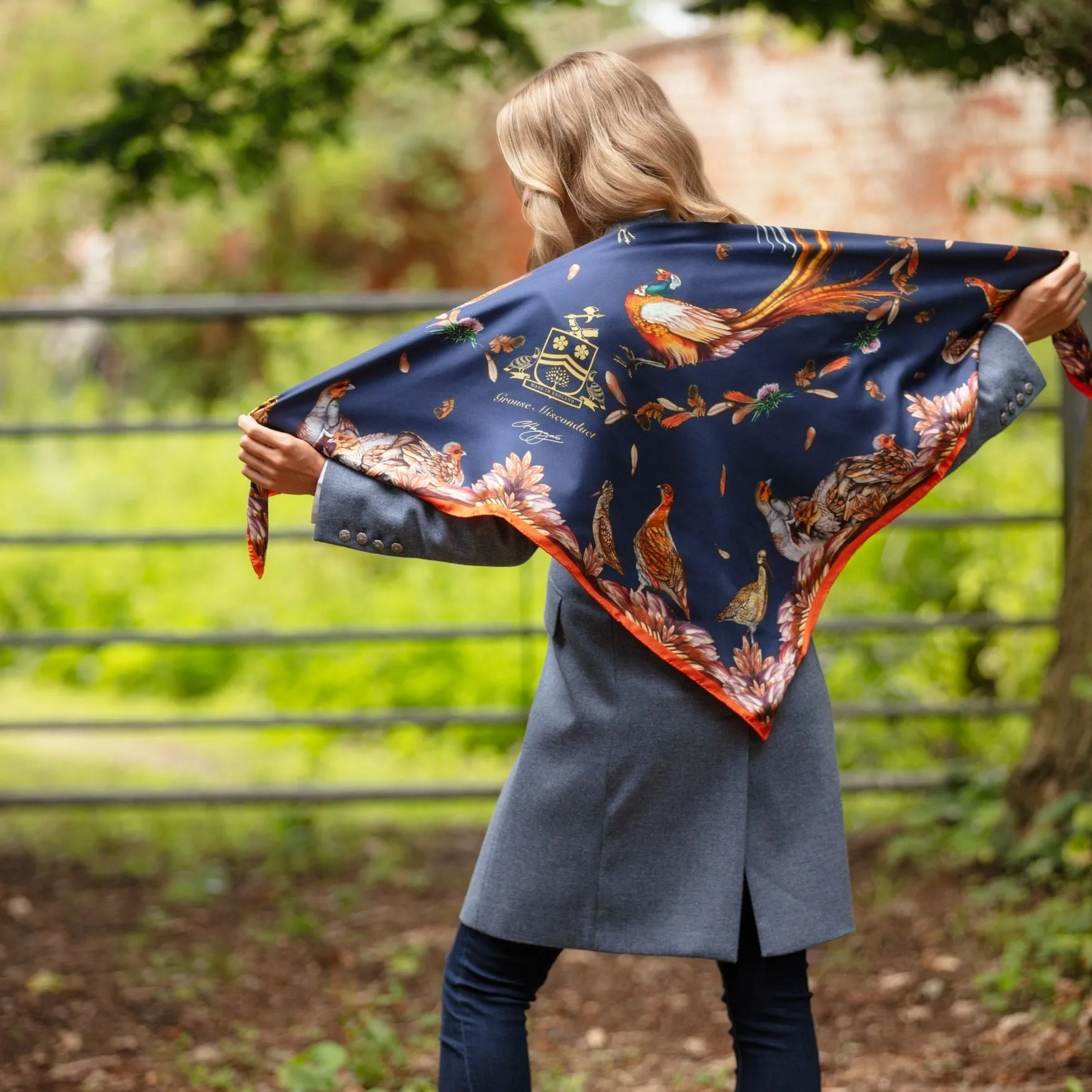 Grouse Misconduct Navy & Seville Orange Large Square Silk Scarf