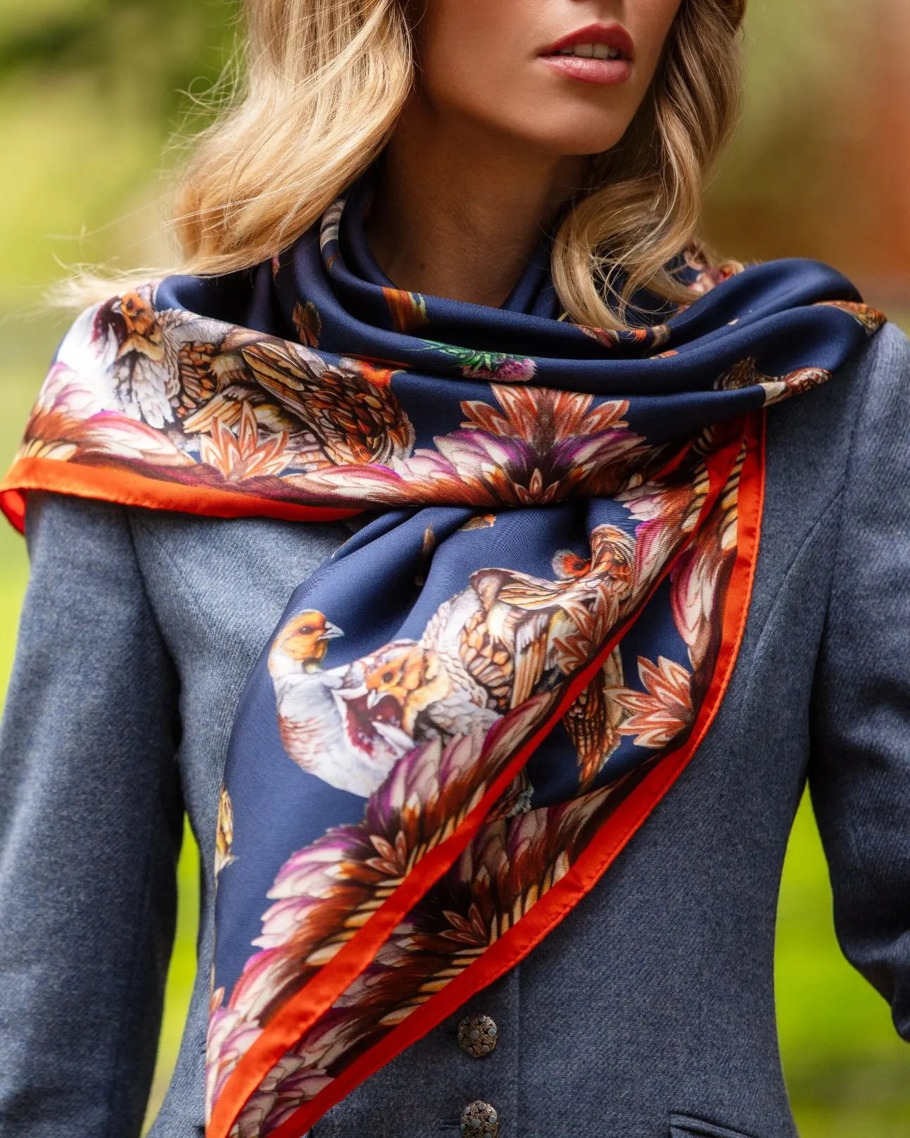 Grouse Misconduct Navy & Seville Orange Large Square Silk Scarf