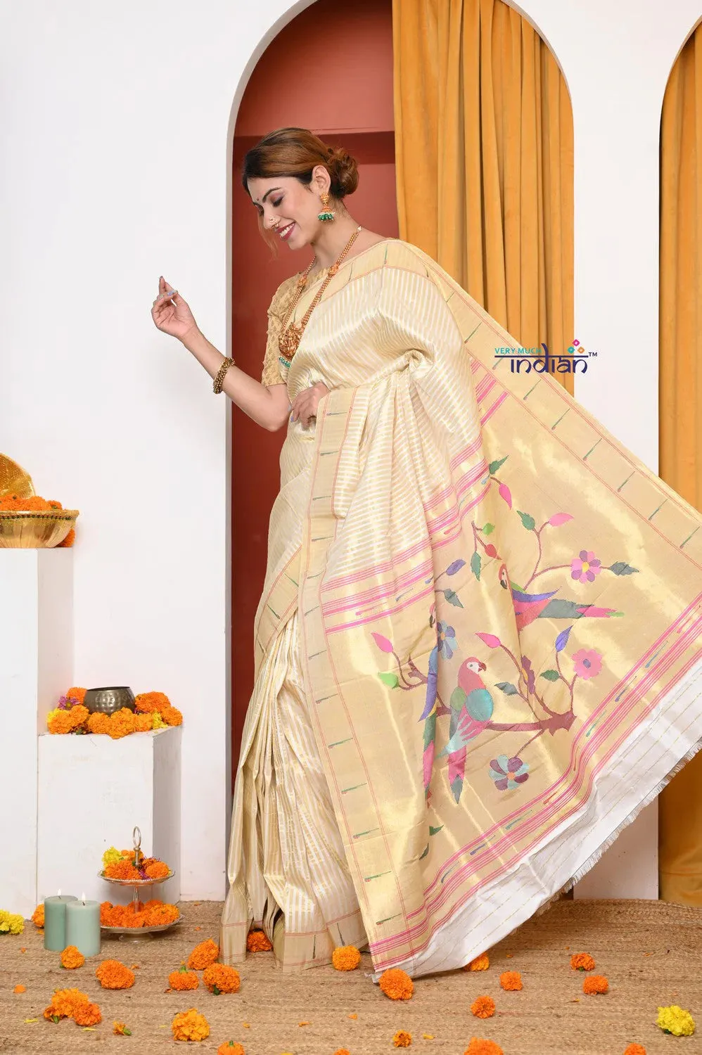 HERITAGE WEAVE ! Premium Handloom White- Golden Muniya Border Paithani With Golden Zari Work & Grand Parrot Pallu