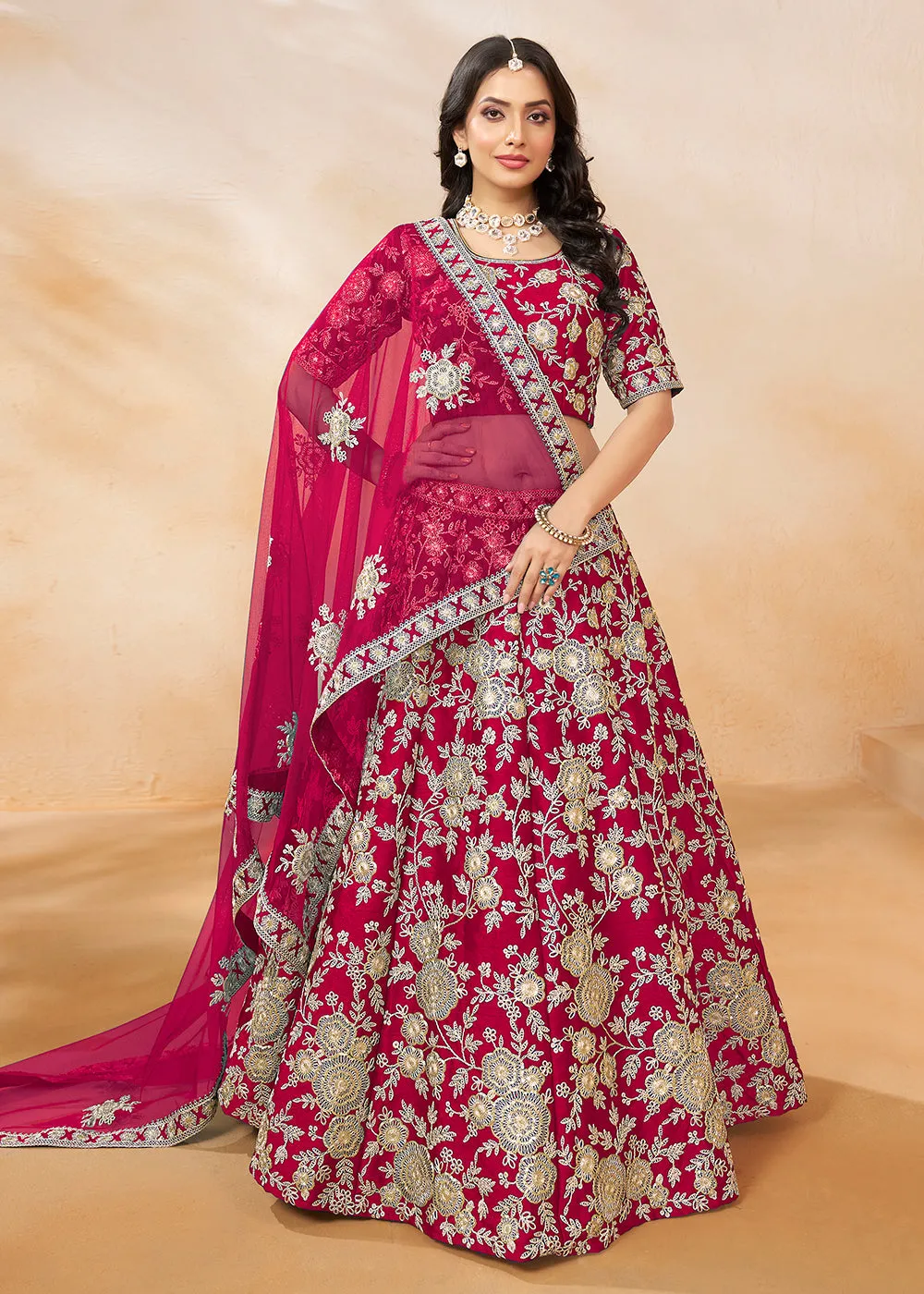 Hot Pink Embroidered Art Silk Wedding Lehenga Choli