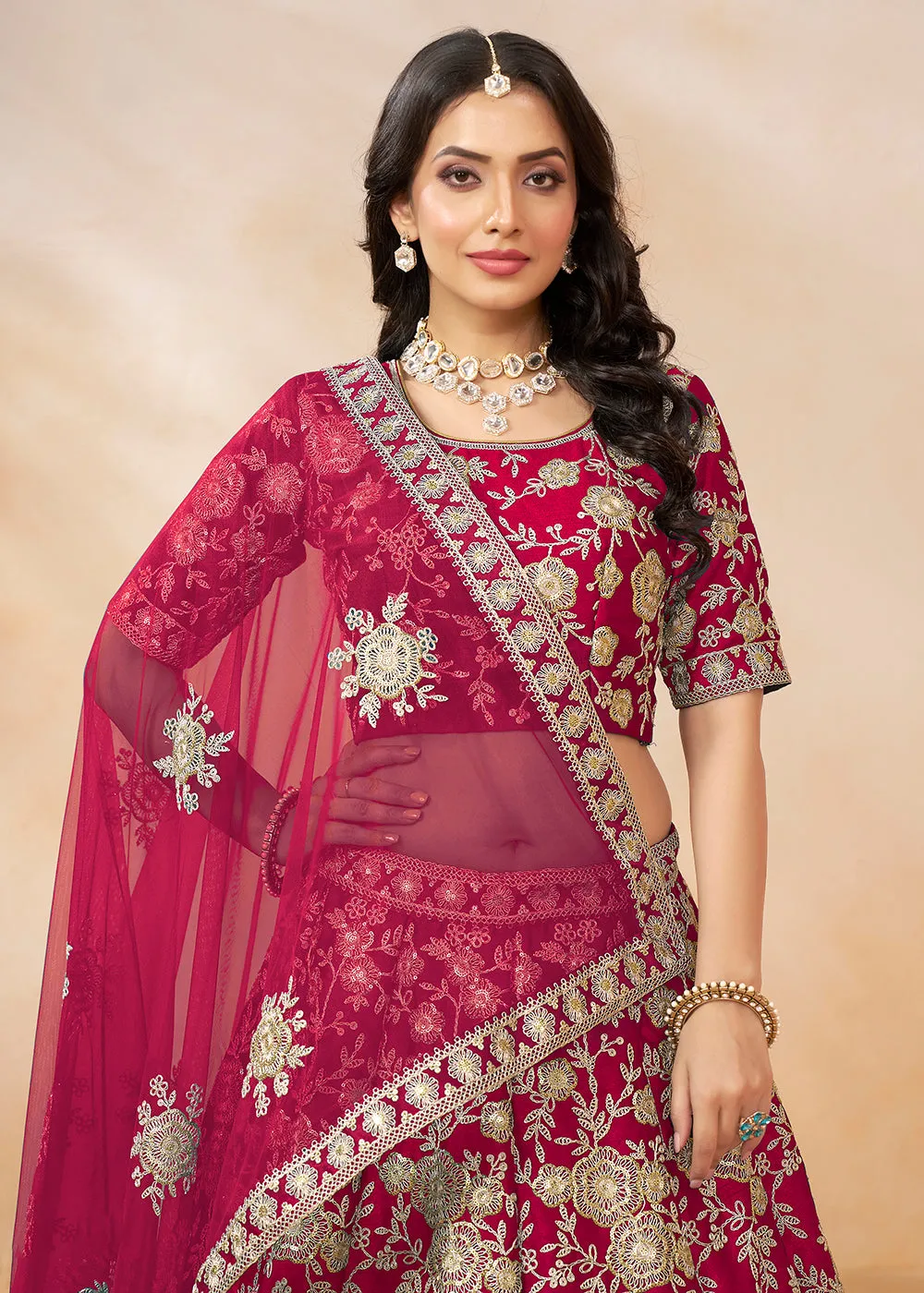 Hot Pink Embroidered Art Silk Wedding Lehenga Choli
