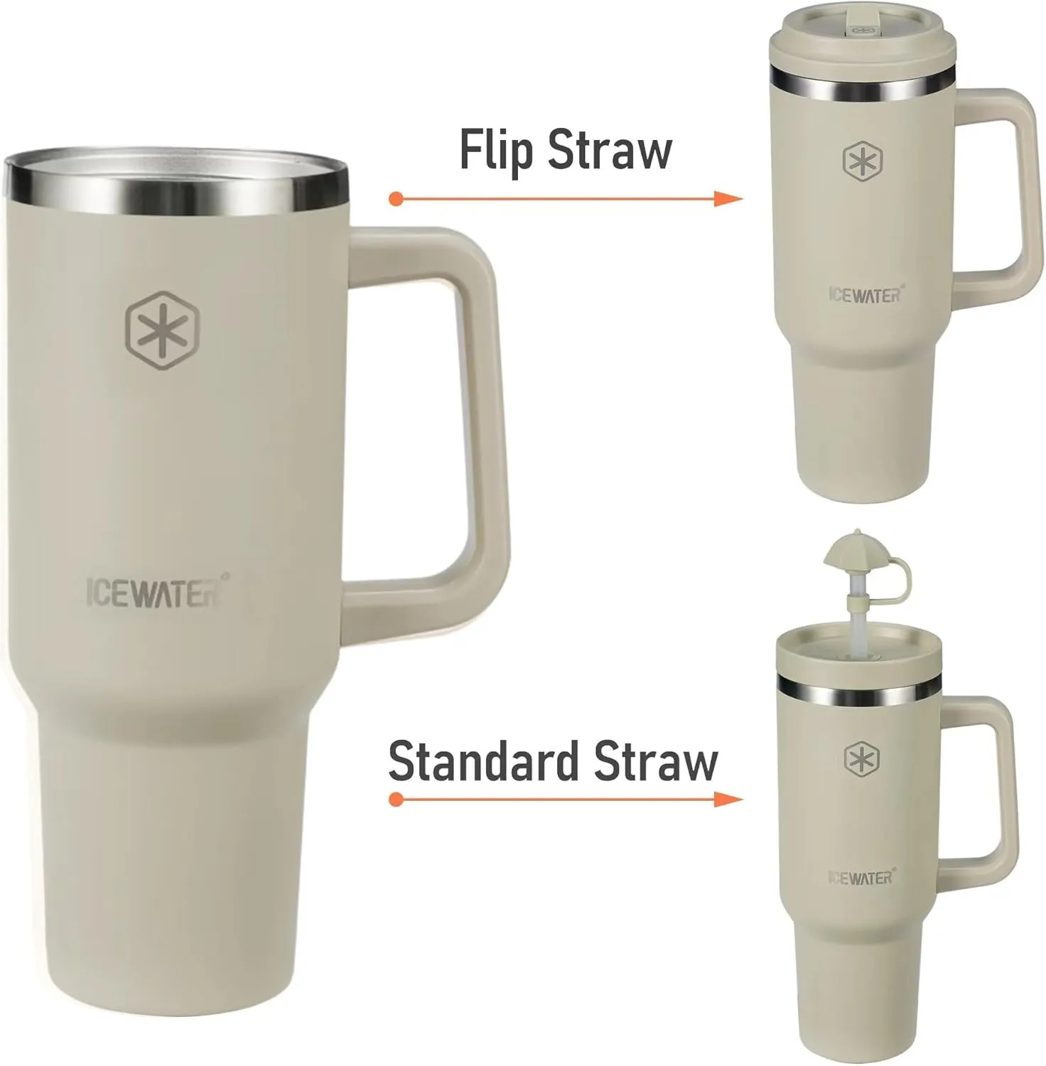 ICEWATER 40 oz Tumbler with 2 Lids (Flip & Standard Straw),100% Leak Proof Insulated Tumbler with Handle, Cup Holder Friendly, Stainless Steel Water Bottle, Gifts for Women & Men (Almond Birch)