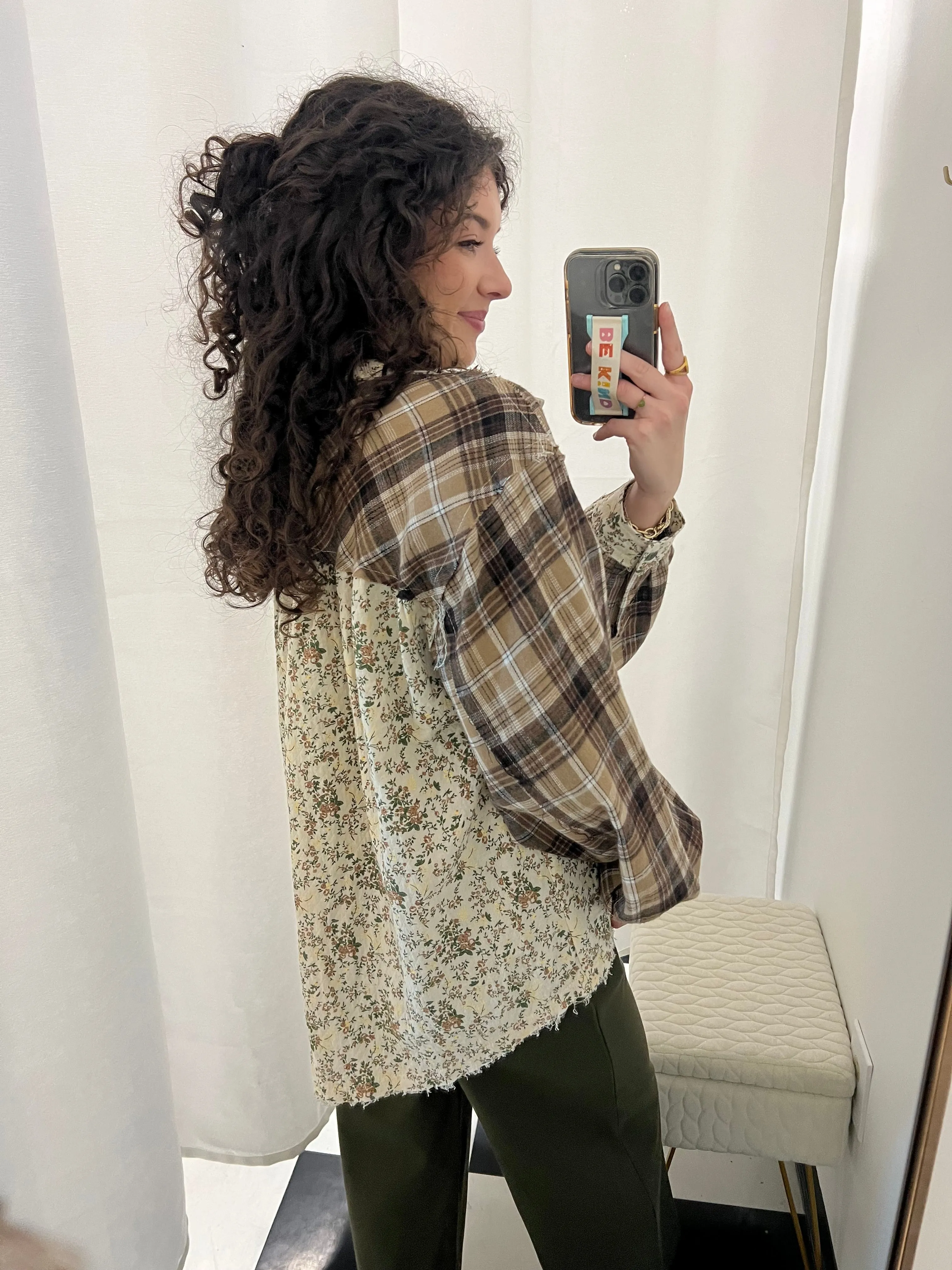 In The Meadow Mocha Multi Floral Print Button Up Top