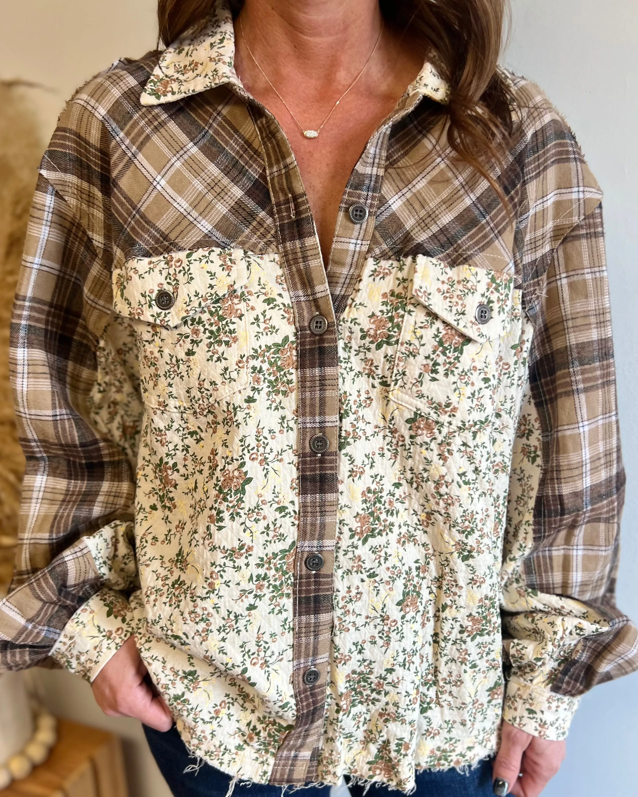 In The Meadow Mocha Multi Floral Print Button Up Top