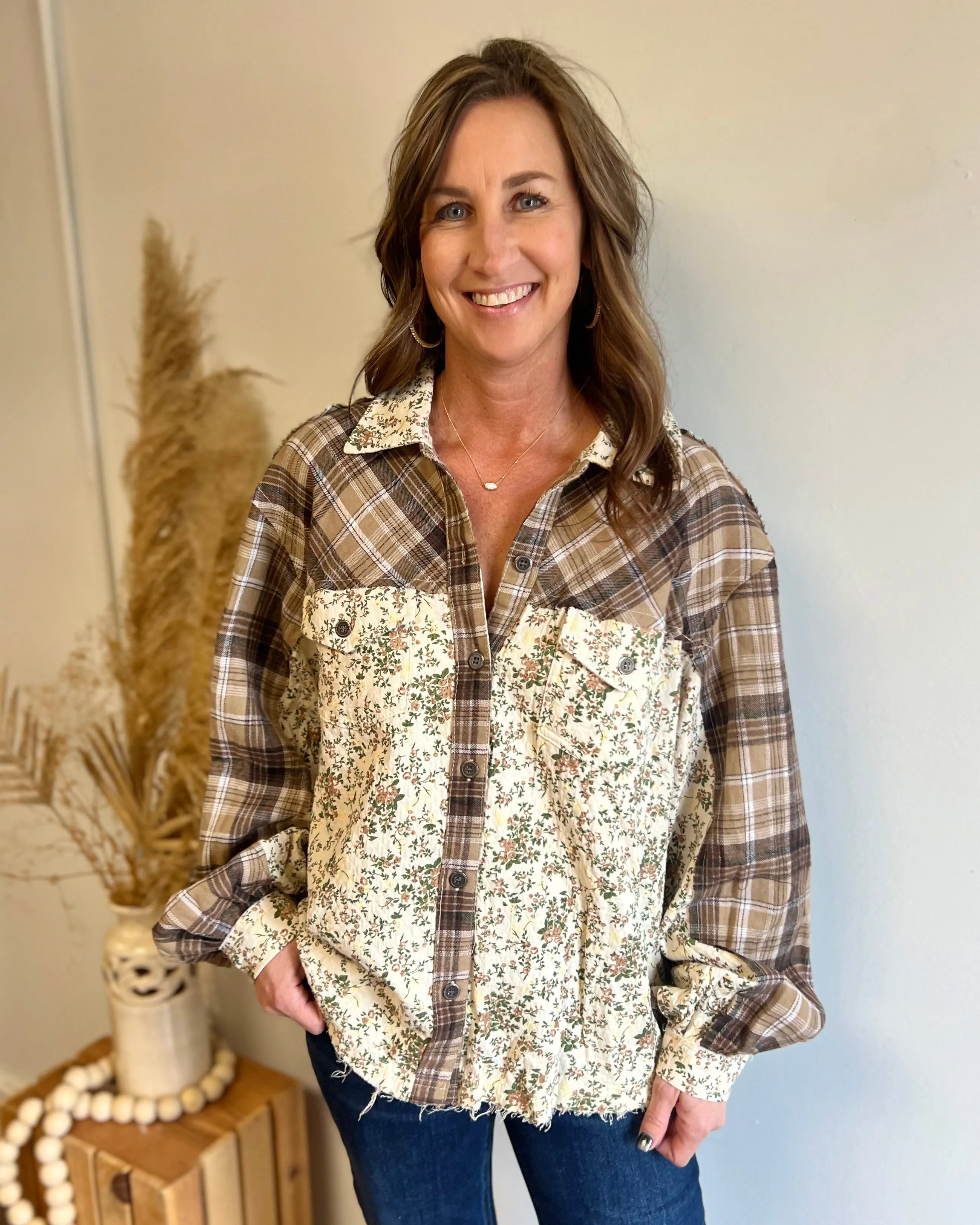 In The Meadow Mocha Multi Floral Print Button Up Top