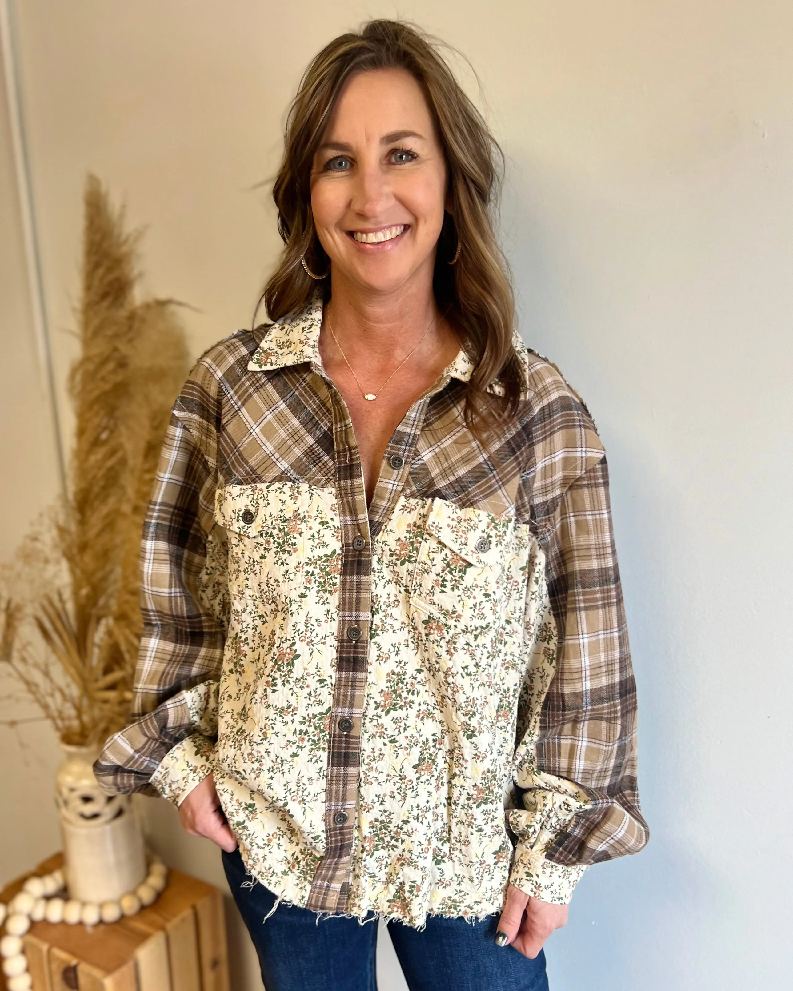In The Meadow Mocha Multi Floral Print Button Up Top