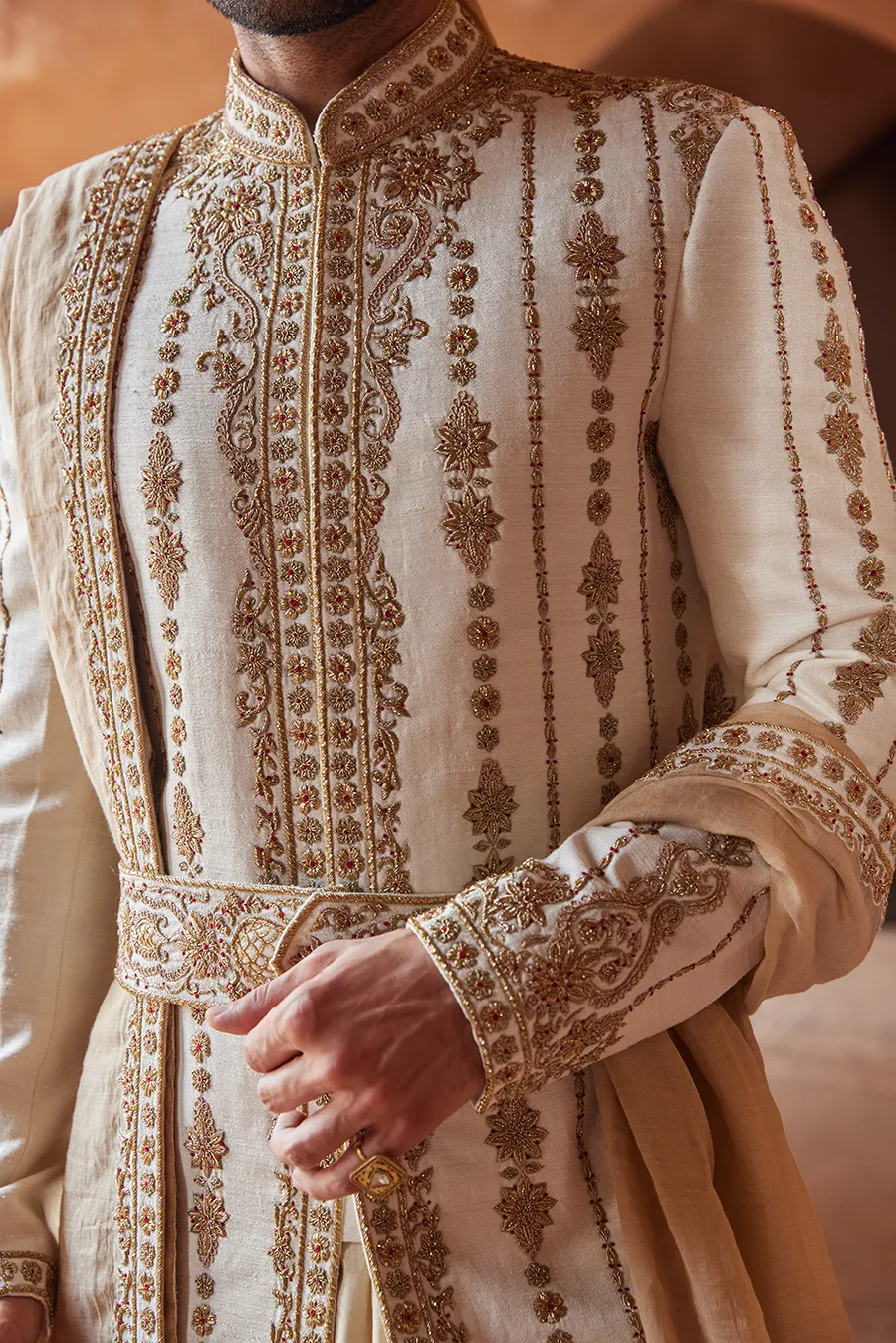 IVORY MATKA SILK  ZARDOZI EMBROIDERED SHERWANI  KURTA CHURIDAR SET
