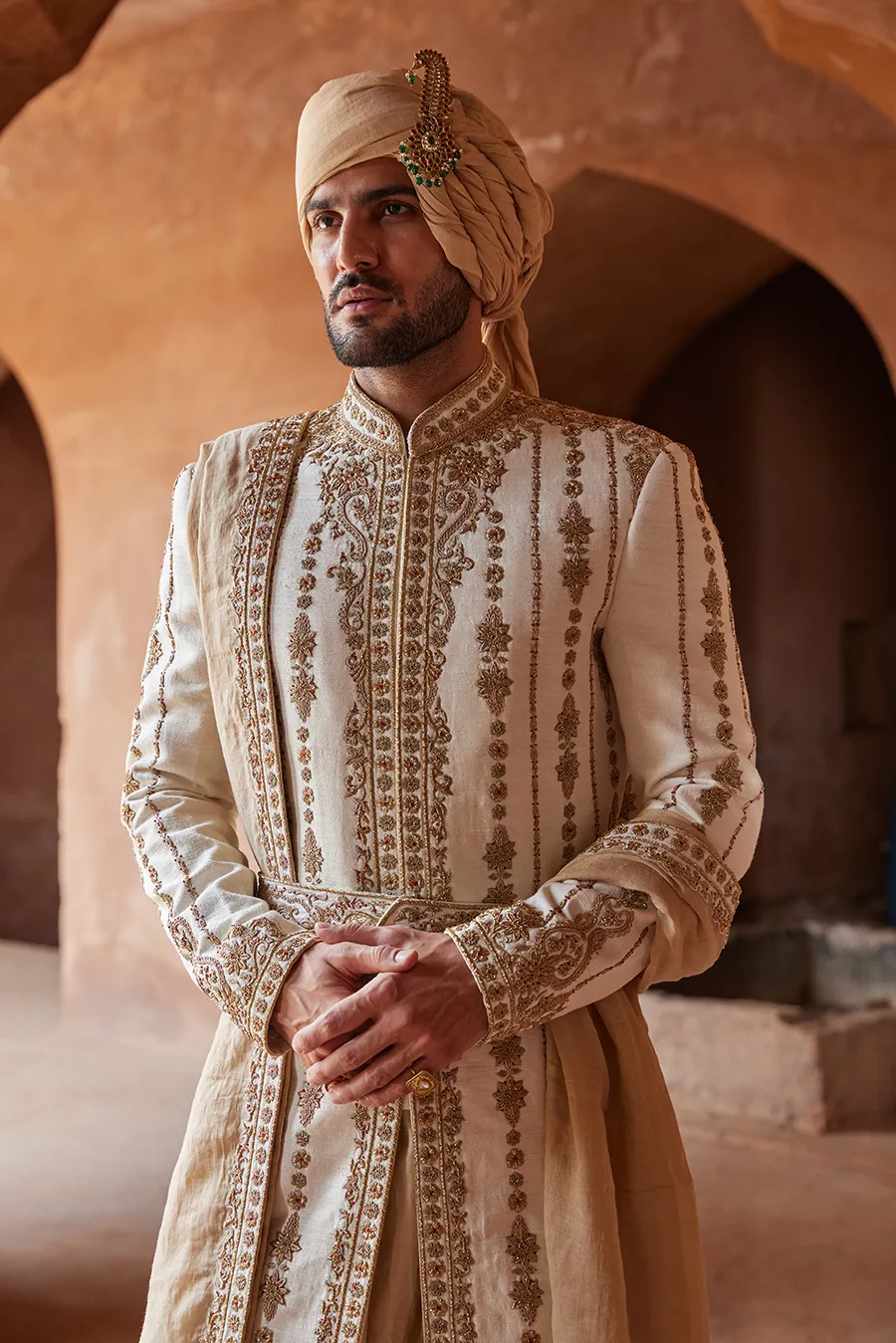 IVORY MATKA SILK  ZARDOZI EMBROIDERED SHERWANI  KURTA CHURIDAR SET