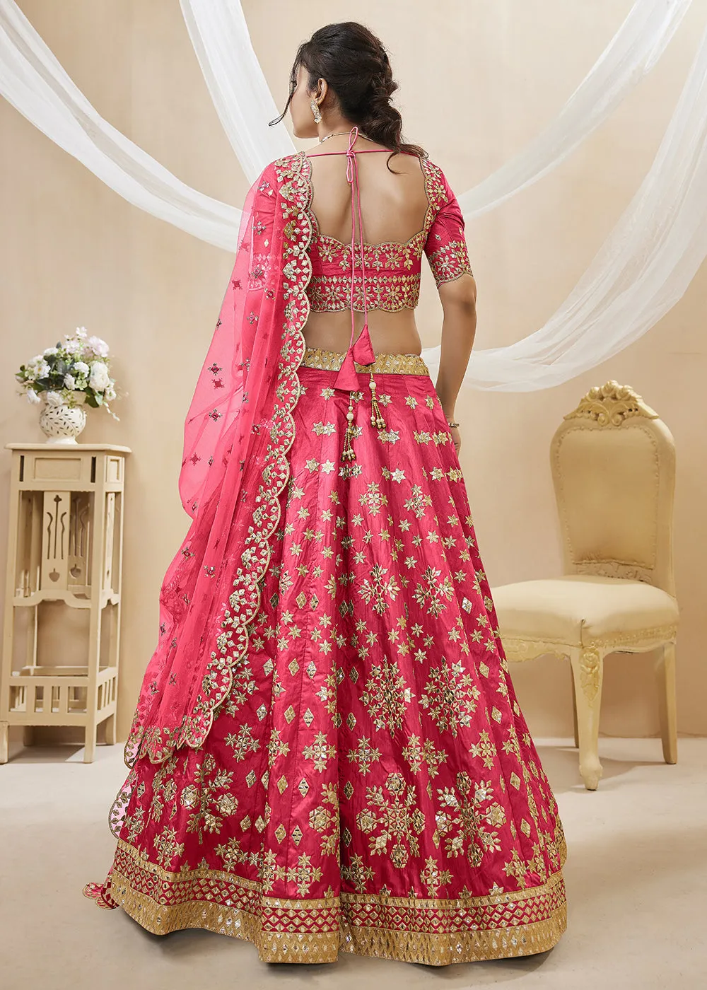 Lovely Pink Art Silk Embroidered Reception Wear Lehenga Choli