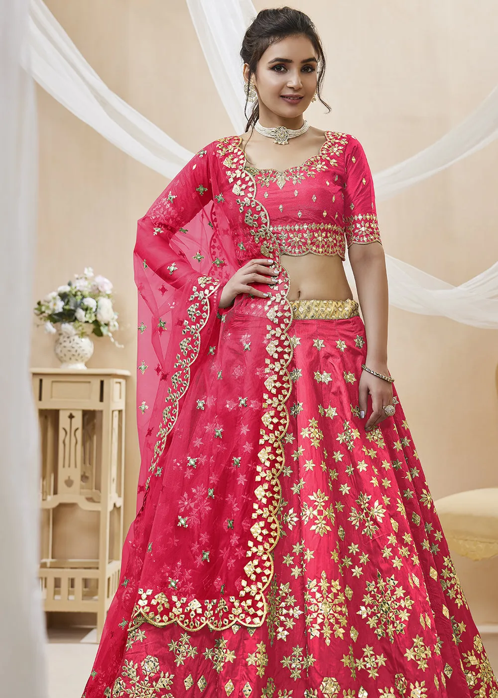 Lovely Pink Art Silk Embroidered Reception Wear Lehenga Choli
