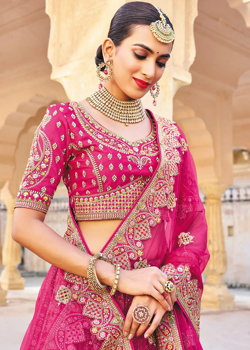 Magenta Pink Bridal Wear Heavy Embroidered Silk Lehenga Choli