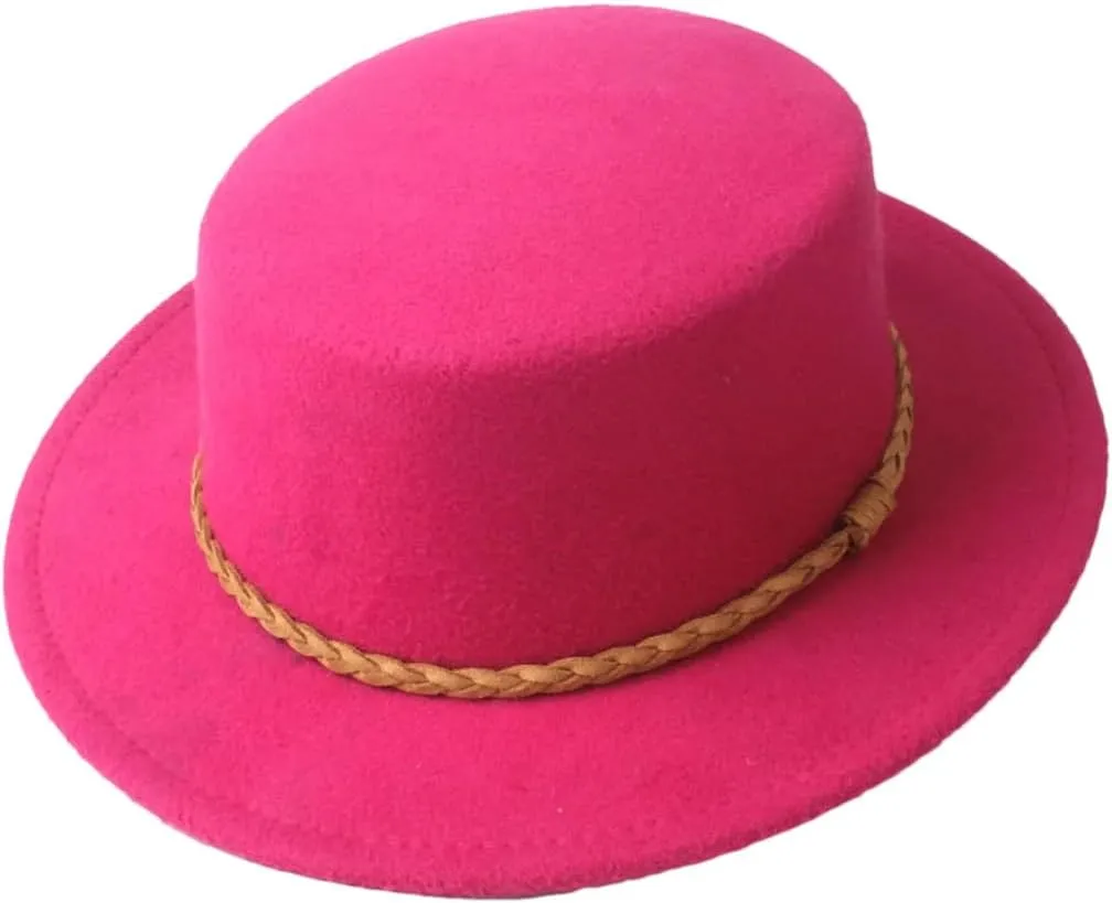 Men Women Wool Flat Fedora Top Hat Church Hat Outdoor Travel Jazz Hat Unisex Trilby Hat Rose Red