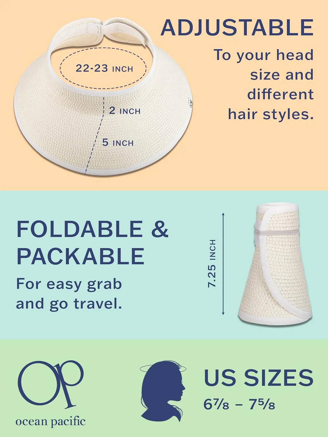 Ocean Pacific Sun Visor Hats for Women, Beach Roll Up Large-Brimmed Straw Hat, Sun Protection UPF 50