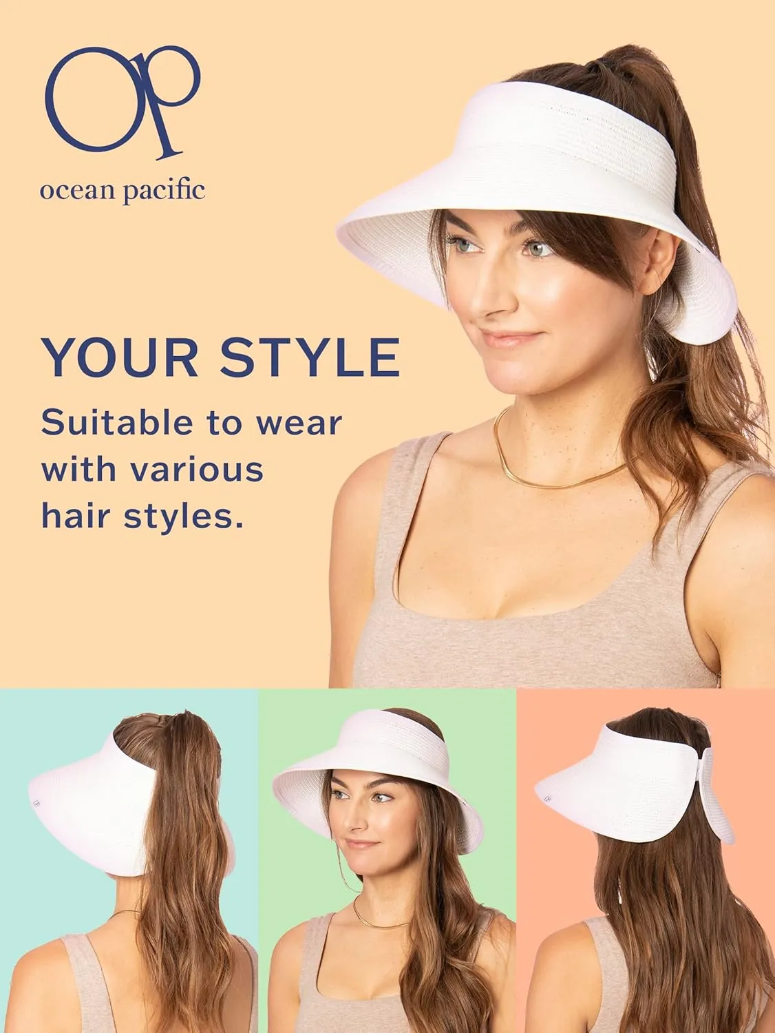 Ocean Pacific Sun Visor Hats for Women, Beach Roll Up Large-Brimmed Straw Hat, Sun Protection UPF 50