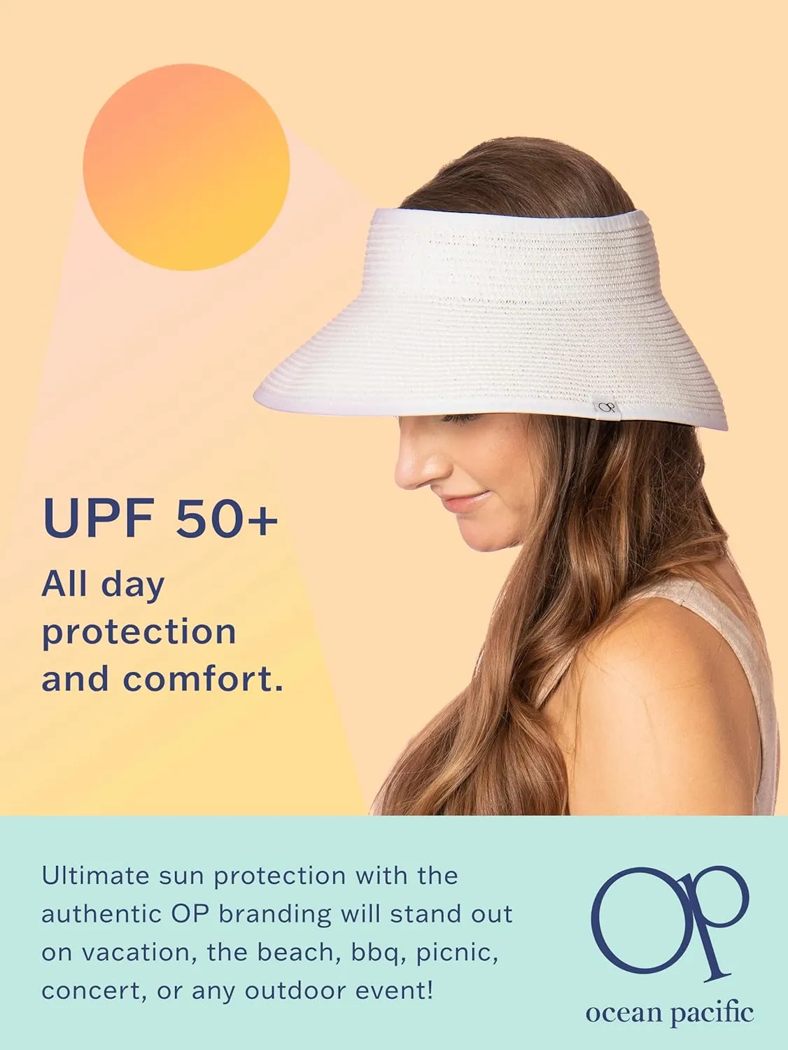 Ocean Pacific Sun Visor Hats for Women, Beach Roll Up Large-Brimmed Straw Hat, Sun Protection UPF 50