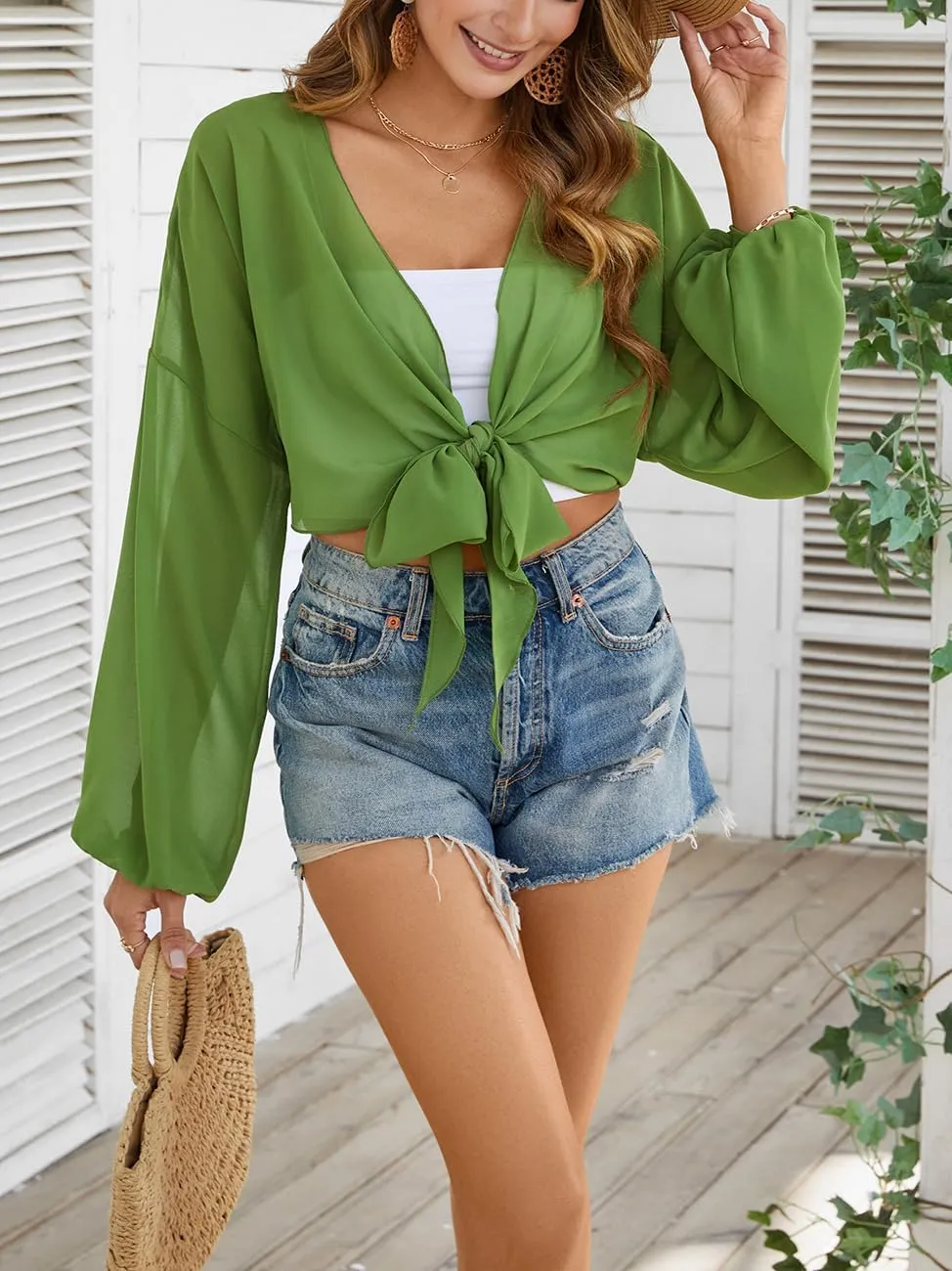 olrain Women Tie Front Beach Cove Up Chiffon Kimono Crop Top Swimming Bikini Bathing Long Sleeve Beach Shirt for Women