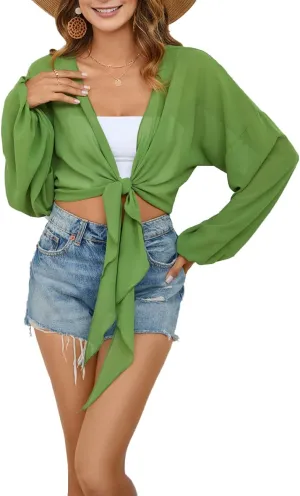 olrain Women Tie Front Beach Cove Up Chiffon Kimono Crop Top Swimming Bikini Bathing Long Sleeve Beach Shirt for Women