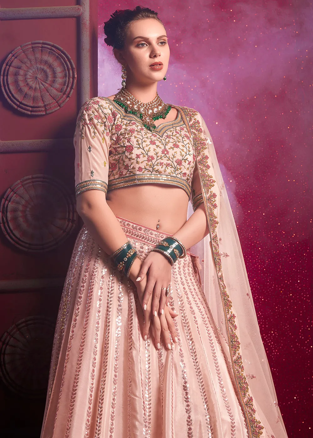 Peach Premium Silk Embroidered Bridesmaids Lehenga Choli
