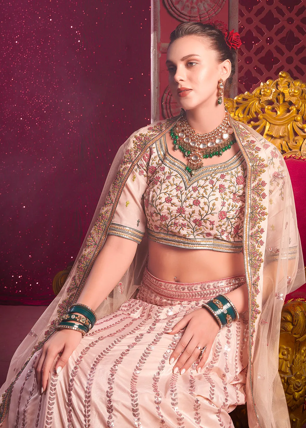 Peach Premium Silk Embroidered Bridesmaids Lehenga Choli