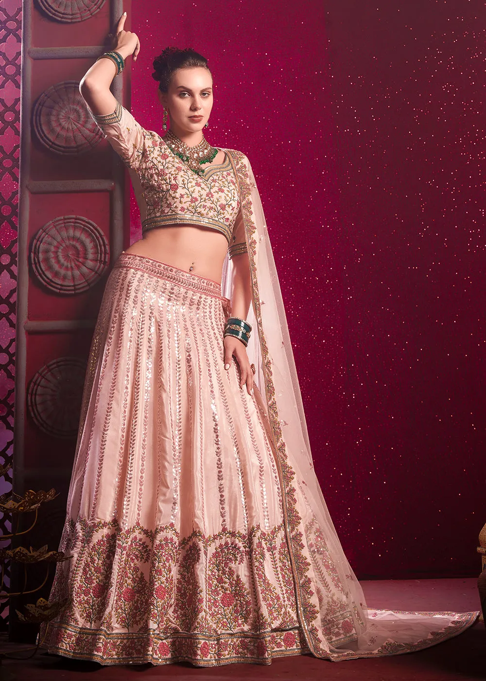 Peach Premium Silk Embroidered Bridesmaids Lehenga Choli