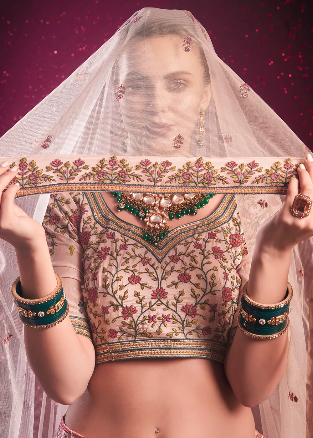 Peach Premium Silk Embroidered Bridesmaids Lehenga Choli