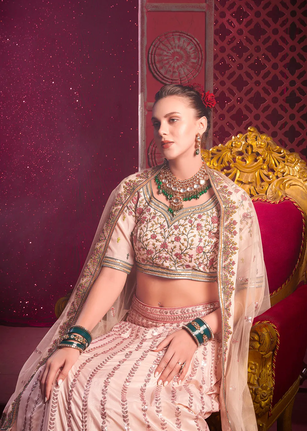 Peach Premium Silk Embroidered Bridesmaids Lehenga Choli