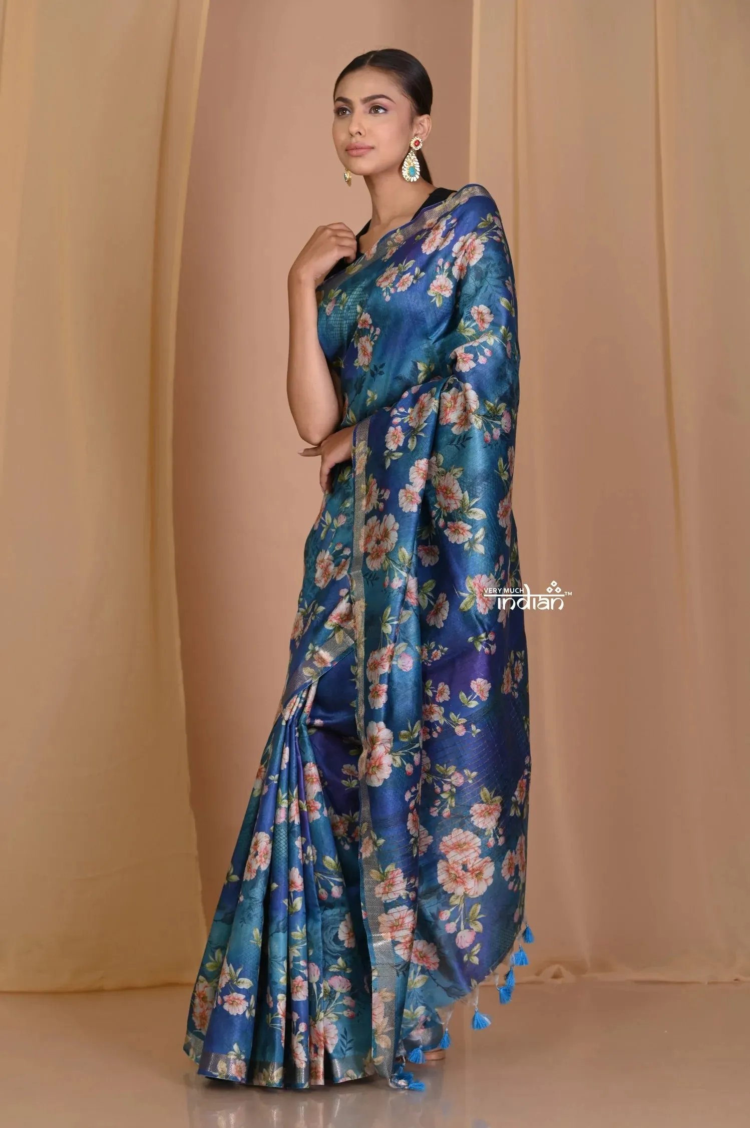 Pehal~ Authentic Starlight Blue Yellow Moonga Saree with Sleek Border & Beautiful Floral print.