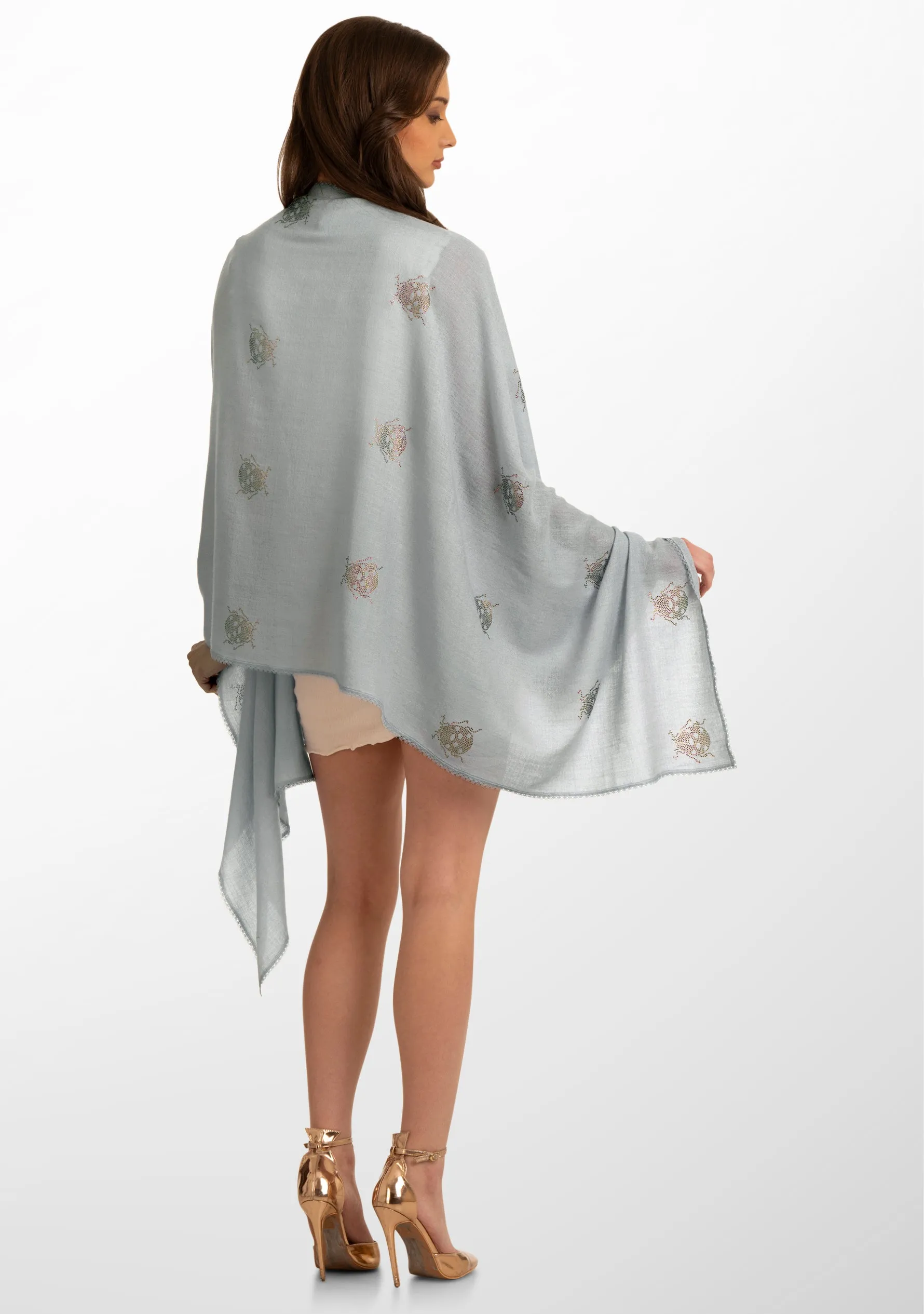 Powder Blue Wool and Silk Scarf with Dk. Pink Swarovski Motifs andPowder Blue Lace Border