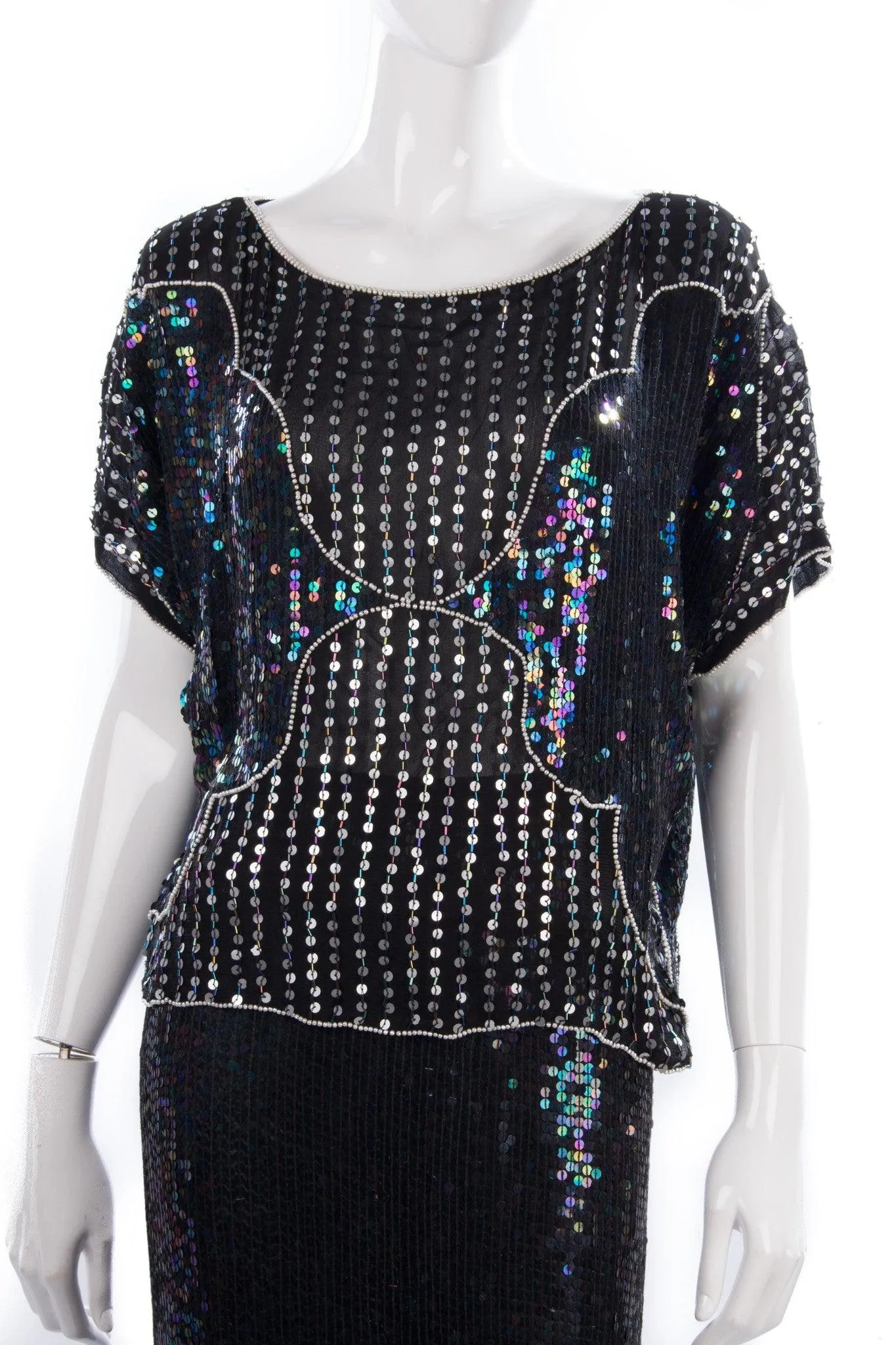 Pure Silk Two Piece Top and Skirt Black and Silver Sequinned Size 14/16